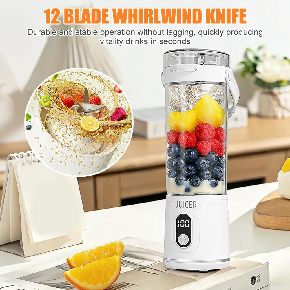 Tragbarer Mixer to Go, 600 ml Frischsaft-Mixflasche, Mini-Mixer und Smoothie-Maker mit 12 Klingen, kabelloser und wiederaufladbarer tragbarer Mixer für Fruchtsaft-Shakes, Smoothies, Babynahrung (weiß) – Bild 3