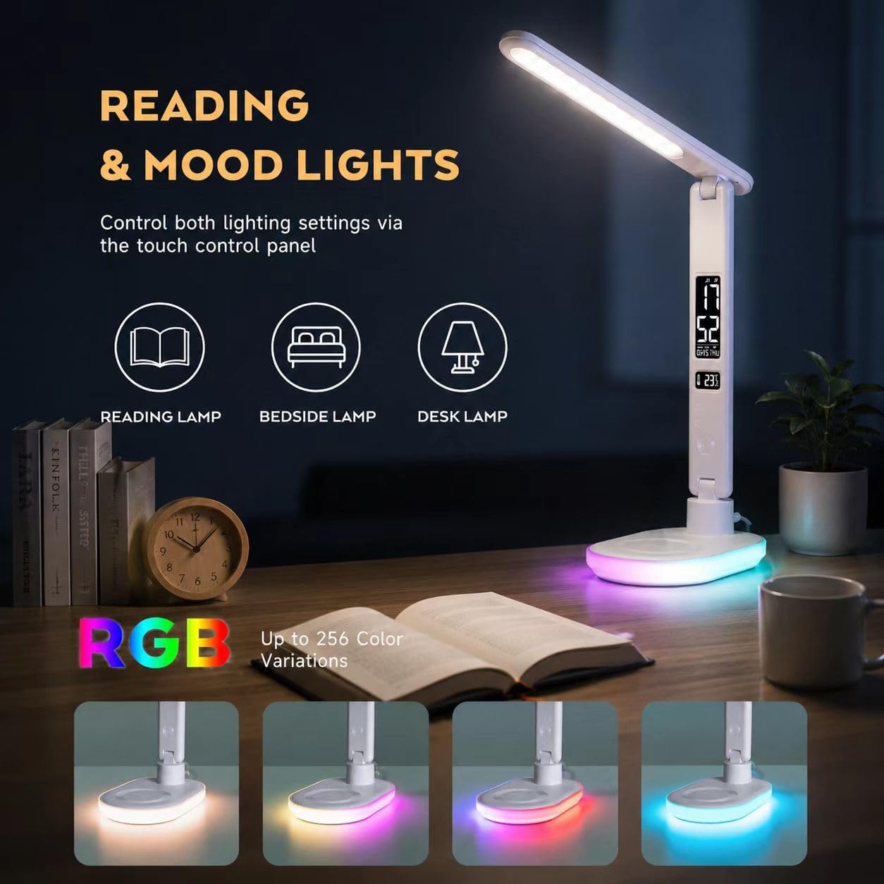 Schreibtischlampe LED dimmbar mit Ladefunktion Uhr, Tischlampe Touch dimmbar mit 3 Farbstufen und 5 Helligkeiten, Lampe mit USB-Anschluss, Uhr, Farbnachtlicht, LCD, Temperatur für Schlafzimmer, Büro (Weiß) – Bild 3