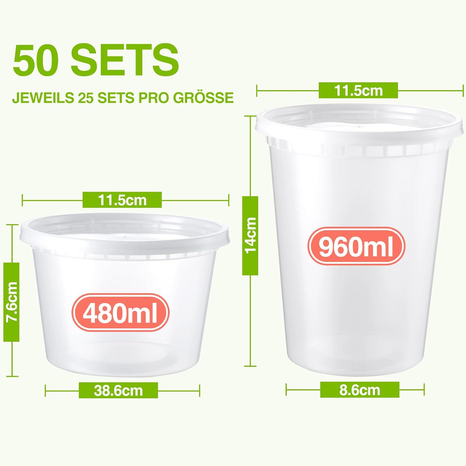 Eupako Packung mit 50 Feinkostbehältern mit Deckel (16 oz & 32 oz Combo) – Meal-Prep-Boxen, mikrowellen- und gefriergeeignete Aufbewahrungsboxen aus Kunststoff, lückenlos und auslaufsicher für Lunchboxen und Lebensmittel zum Mitnehmen – Bild 2