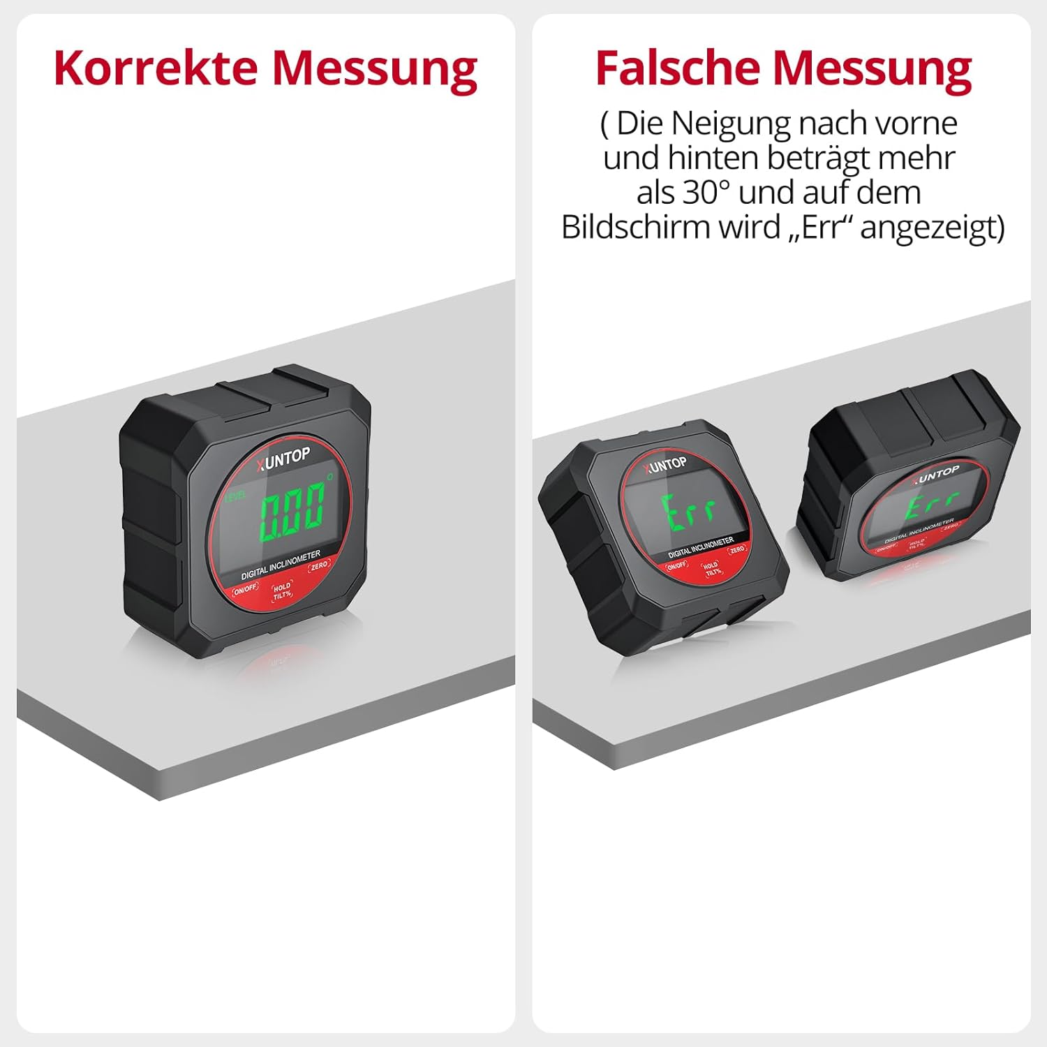 XUNTOP Neigungsmesser Digitaler Winkelmesser Neigungsmesser Messbereich 4 x 90°, 0,05° Auflösung mit Magnetfuß für Holzbearbeitung, Werkstätten, Außenbereich – Bild 5