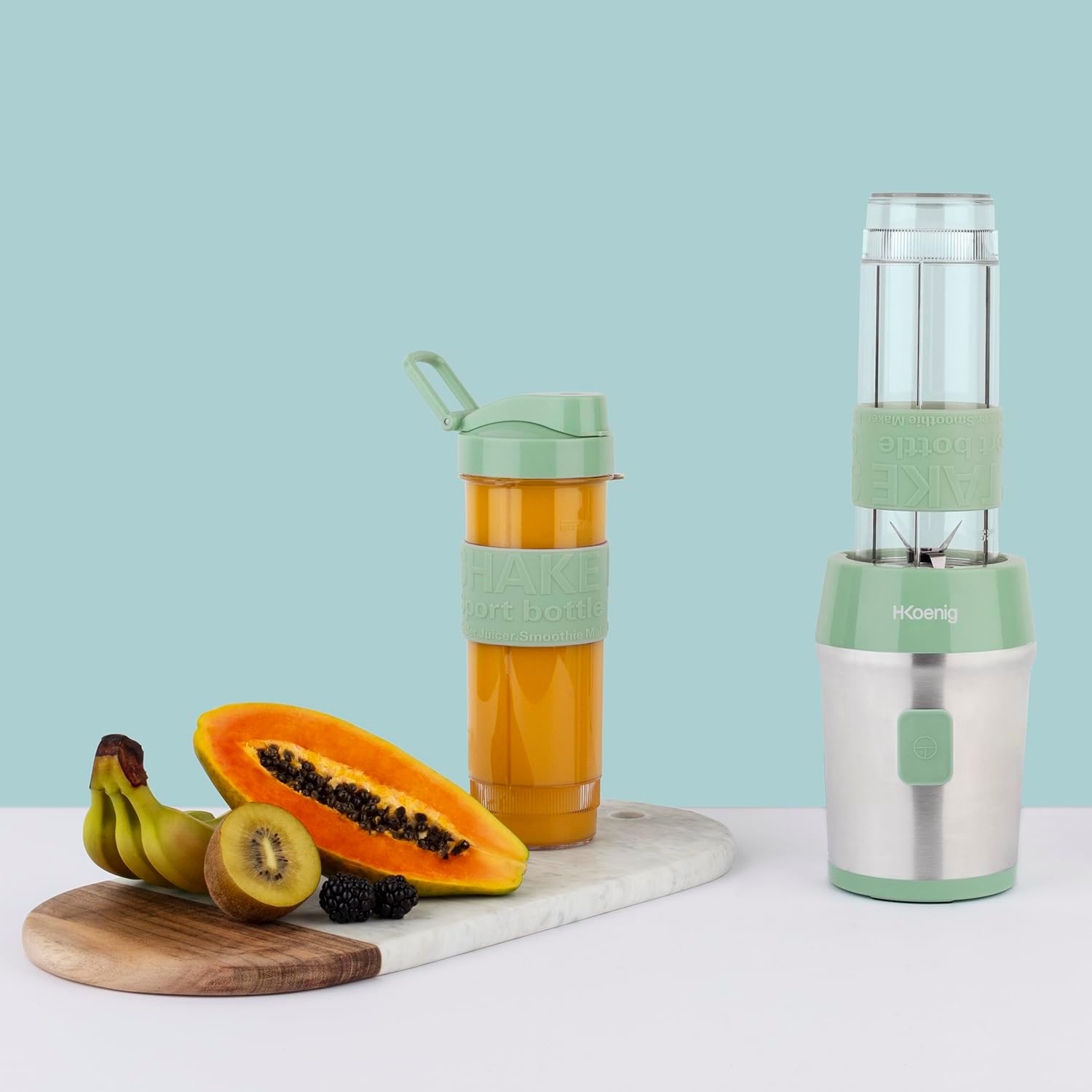 H.Koenig Mini Smoothie Maker Standmixer, Mixer elektrisch, tragbar, kompakt, 570 ml, SMOO18, BPA-frei, leistungsstark 300 W, Smoothie-Mixer 2 tragbare Flaschen, Edelstahlklingen, Pastellgrün – Bild 2