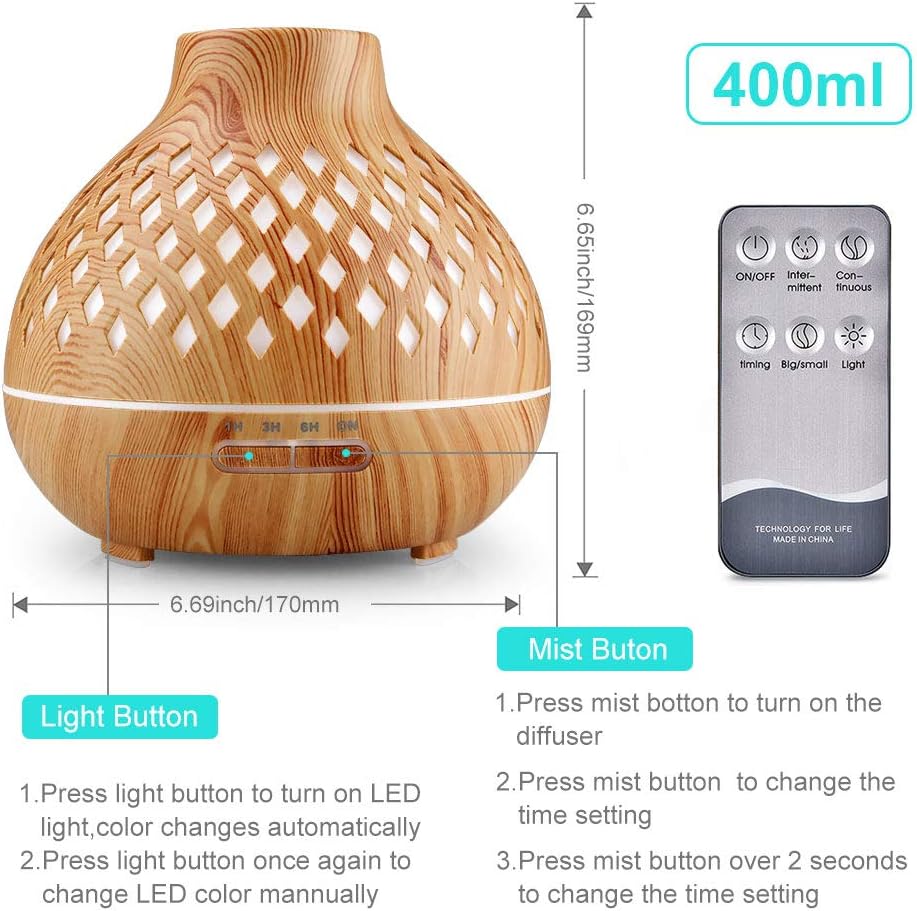Aroma-Diffusor, 400 ml Diffusor für ätherische Öle, Aromatherapie-Öle-Diffusor mit Fernbedienung, 4 Timer, 7 Farben, Duftöl-Diffusor, Öllampe, BPA-frei, Ultraschall-Luftbefeuchter, Schlafzimmer, Büro, Spa – Bild 3