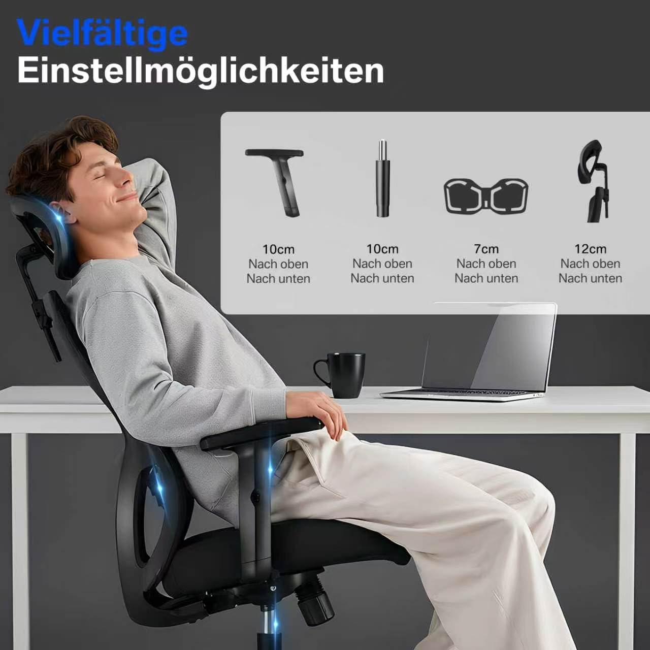 Durrafy Ergonomischer Bürostuhl, Schreibtischstuhl mit hoher Rückenlehne, verstellbarer Lordosenstütze, Kopfstütze & Armlehnen, Drehstuhl mit Liegefunktion, Bürostuhl bis 150 kg belastbar, Schwarz – Bild 5