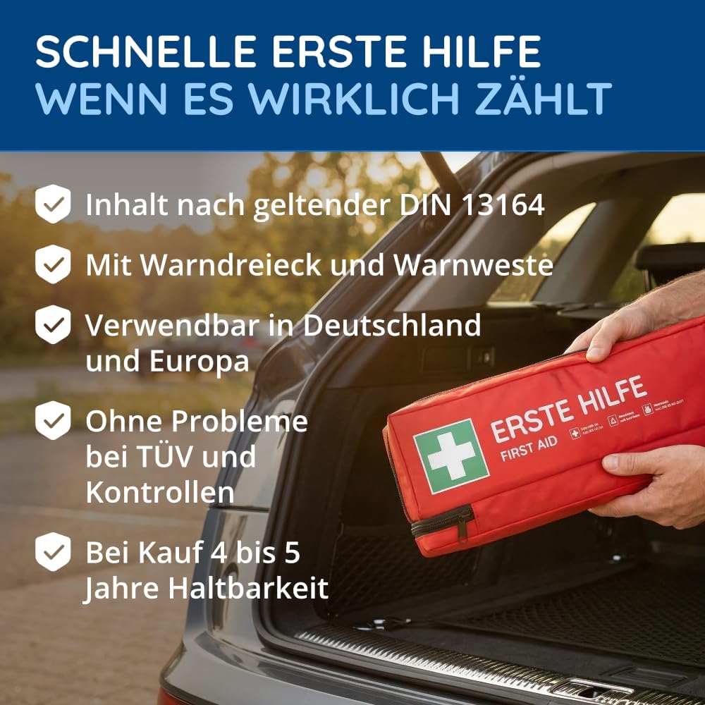 Auto-Verbandstasche inklusive Warndreieck und Warnweste nach aktueller DIN 13164:2022 | Gültig für 2026 | Erste-Hilfe-Set für Auto/Auto/Motorrad | Rot – Bild 2
