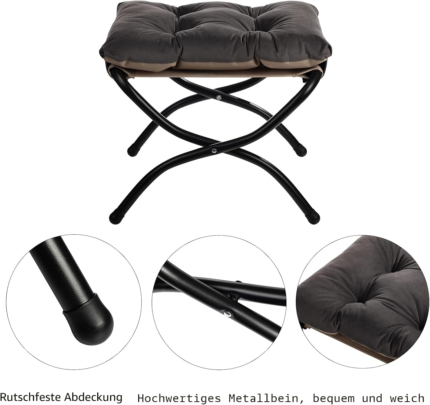 HollyHOME Fußhocker, faltbar, Fußstütze, Fußstütze, faltbarer Hocker mit Metallbeinen, Fußhocker mit abnehmbarem, gepolstertem Sitz, Samt, für drinnen und draußen, dunkelgrau – Bild 6