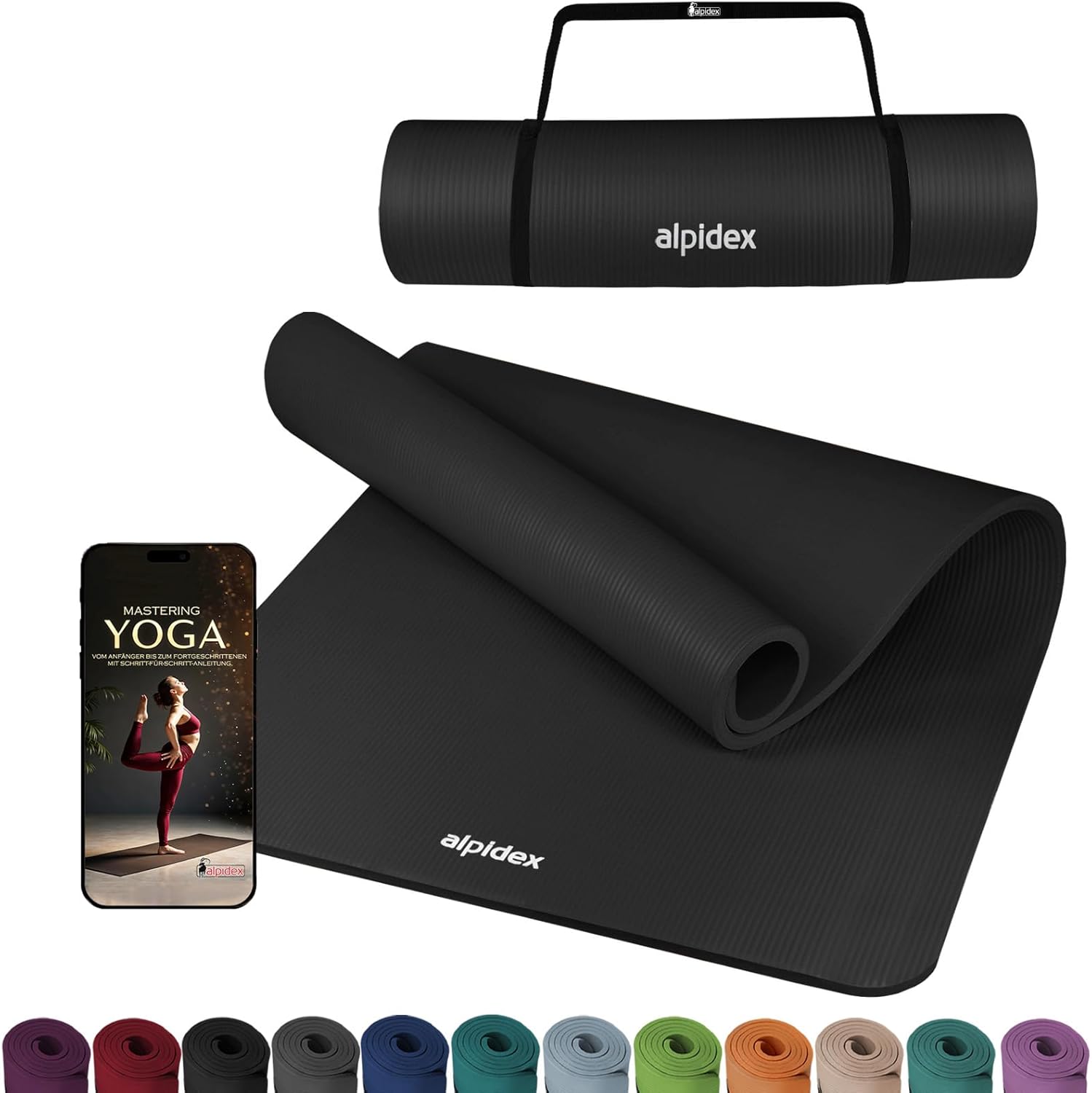 ALPIDEX Yogamatte extra dick 1,5 cm, Gymnastikmatte, 3 Größen, E-Book, rutschfest, phthalatfrei, Fitnessmatte, Gymnastik, Pilates, Sport, Physio, HIIT, Yoga, Trainingsmatte, Schlafmatte