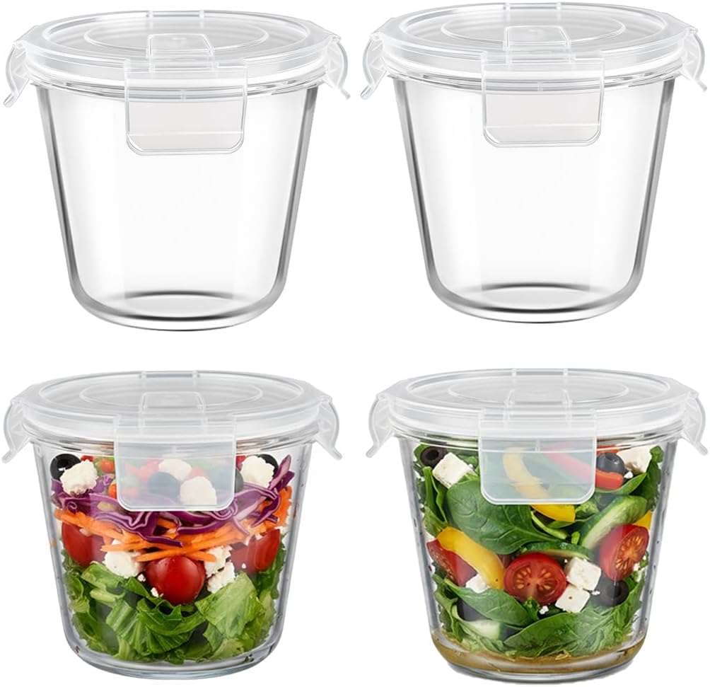 H.JSS WDJS Glasbehälter mit Deckel, runder Glasbehälter mit Deckel, stapelbar, Lebensmittelaufbewahrungsbehälter aus Glas, Meal-Prep-Gläser, Suppenbehälter mit luftdichten Deckeln, mikrowellen-, spülmaschinenfest (weiß, 710 ml)