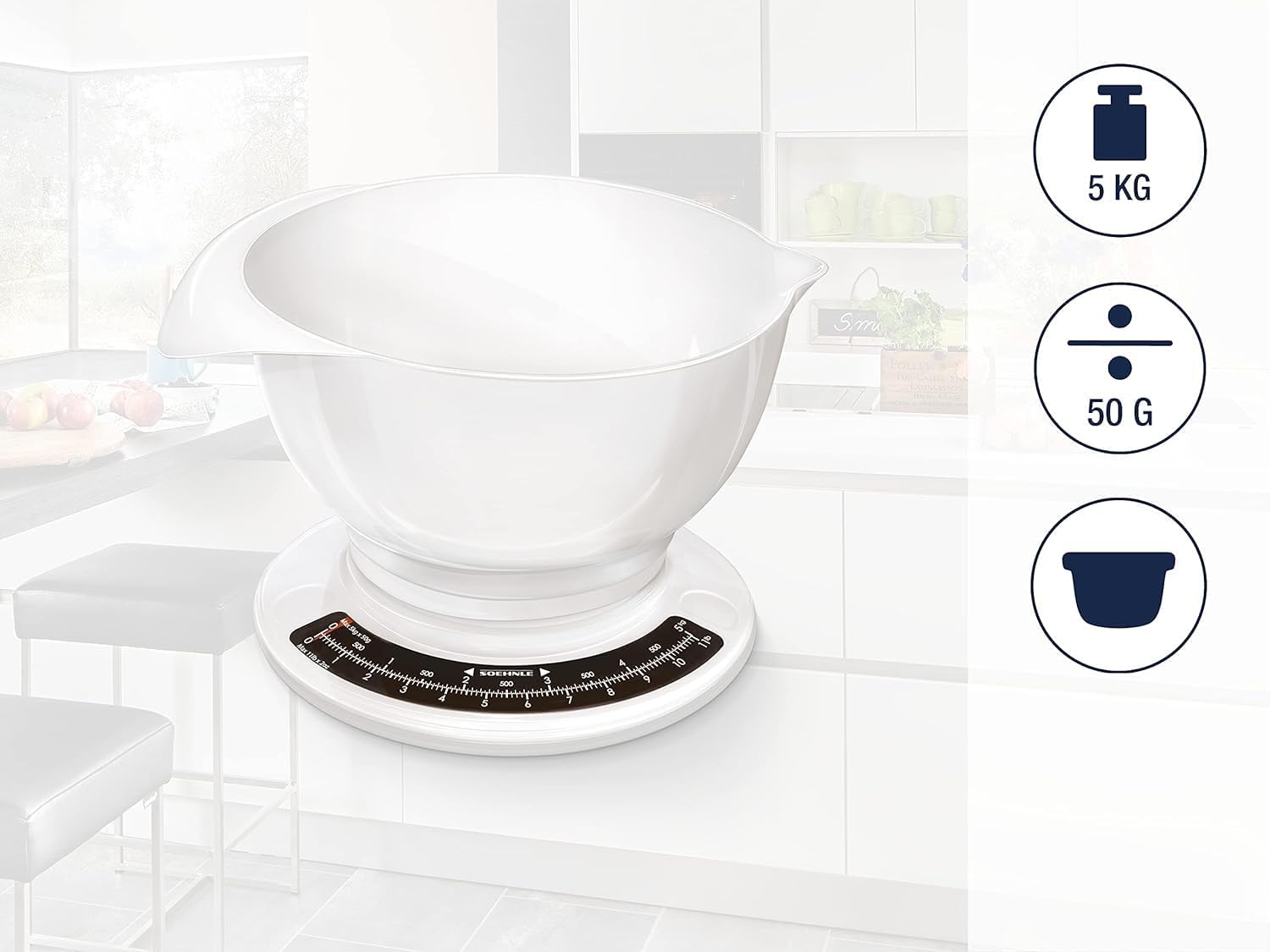 Soehnle Culina Pro 5 kg, analoge Küchenwaage, weiß, Gewicht bis 5 kg (50 g genau), Haushaltswaage mit großer Rührschüssel, Retro-Küchenwaage für Kuchen und mehr – Bild 2