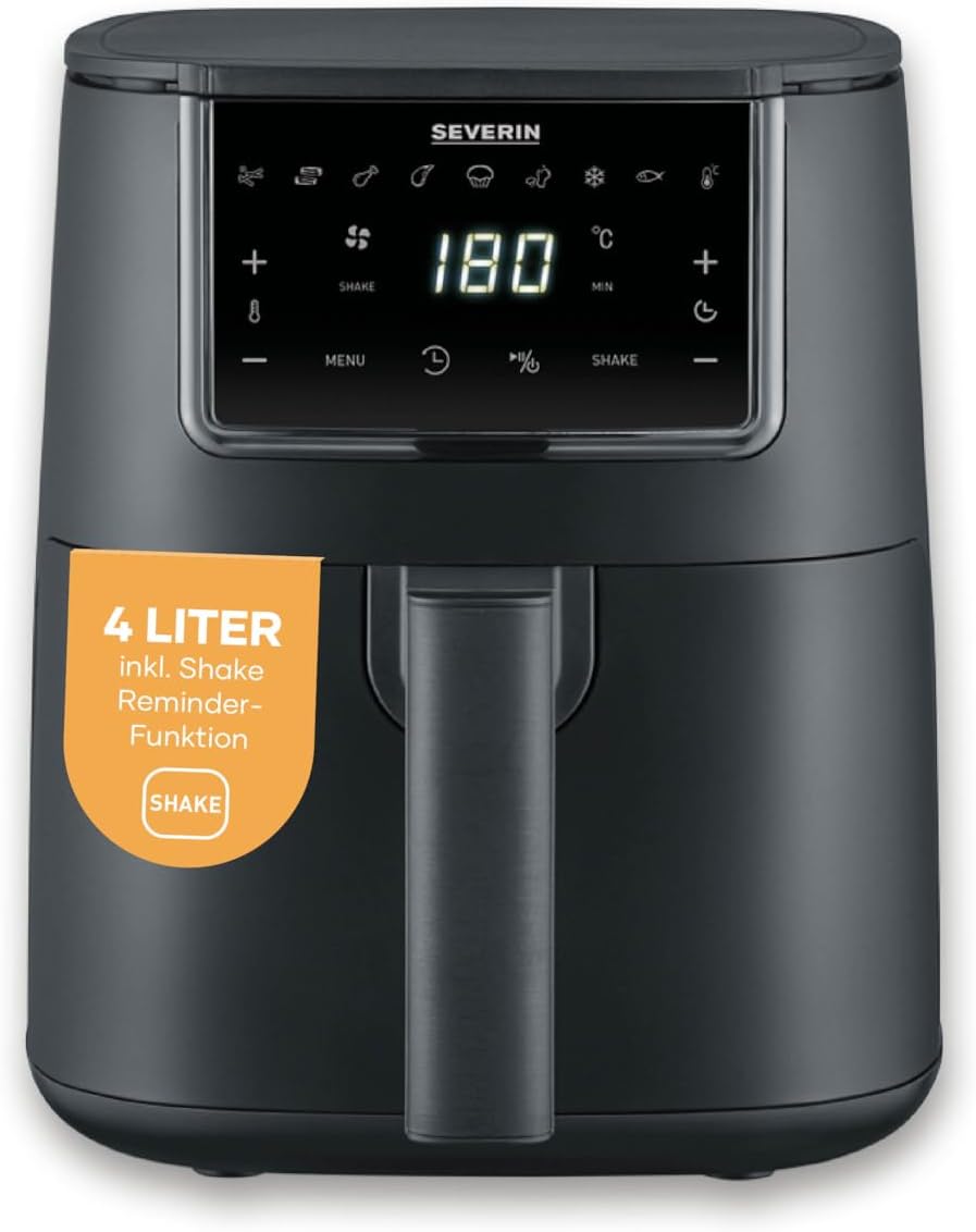 Severin Heißluftfritteuse, Single, Fritteuse zum Kochen ohne Fett, Touch-Display, 8 Automatikprogramme, vielseitige Zubereitung, Warmhaltefunktion, 4L, 1300W, Schwarz, FryLight, FR 2461