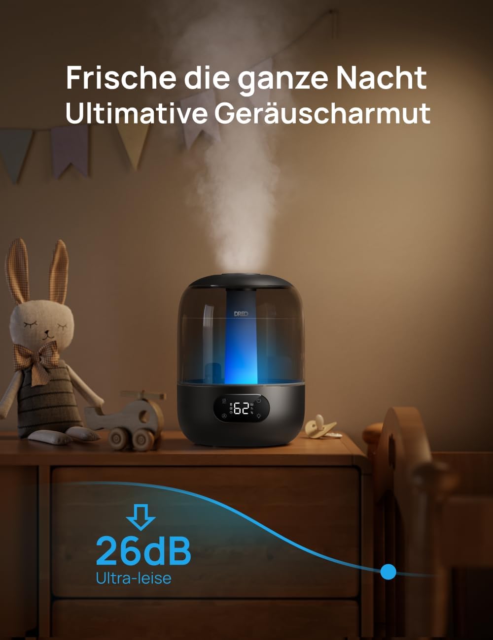 Dreo Luftbefeuchter für Schlafzimmer, Kaltnebel-Ultraschallgerät mit 30 Stunden Laufzeit, 3-Liter-Oberfülltank, Feuchtigkeitssensor, Nachtlicht für Babys, Kinderzimmer, Pflanzen und Zuhause – Bild 3