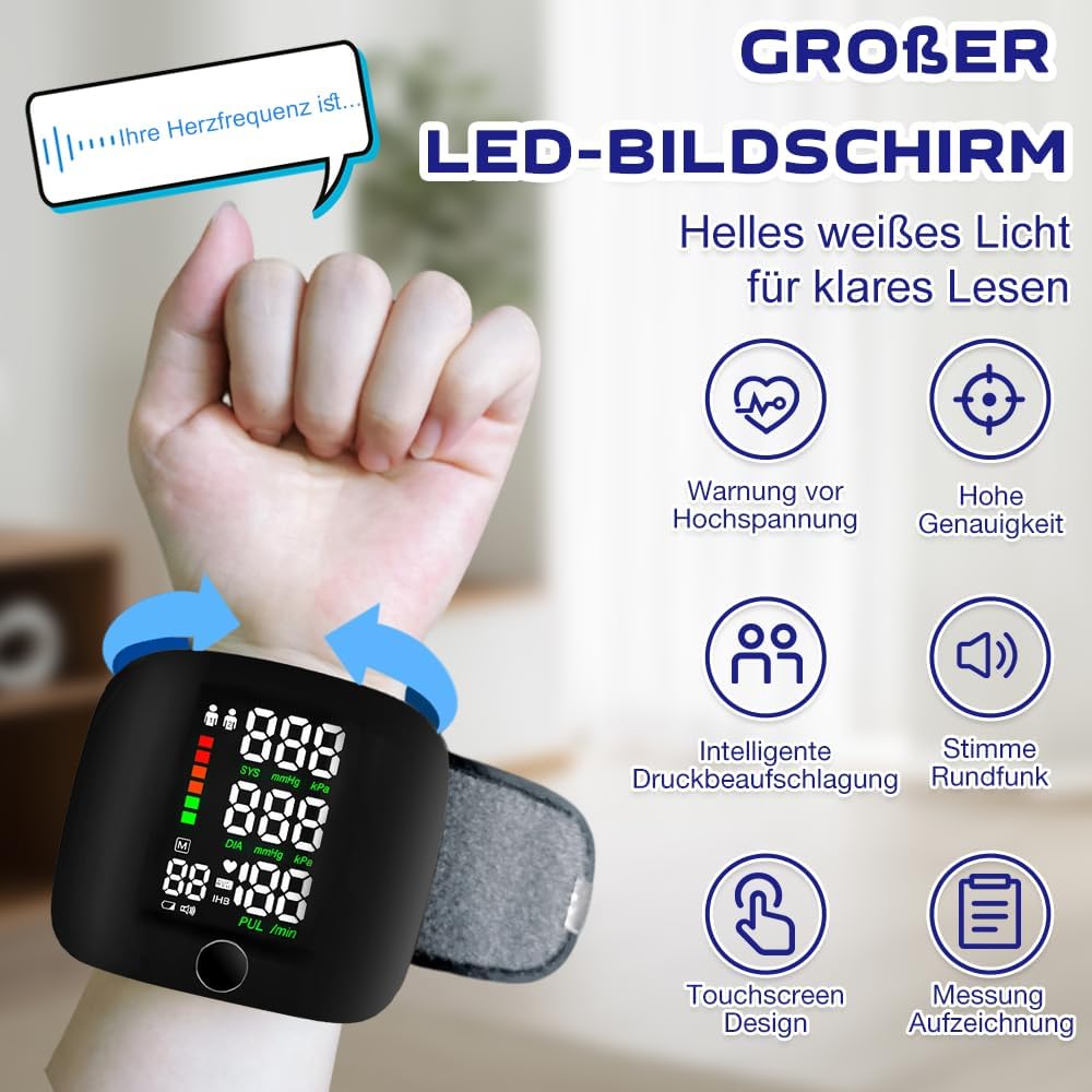 Handgelenk-Blutdruckmessgerät, digitales Blutdruckmessgerät Handgelenk mit 99 x 2 Lesespeicher, automatische Sprachausgabe, automatisches Handgelenk-Blutdruckmessgerät mit LCD-Bildschirm – Bild 5