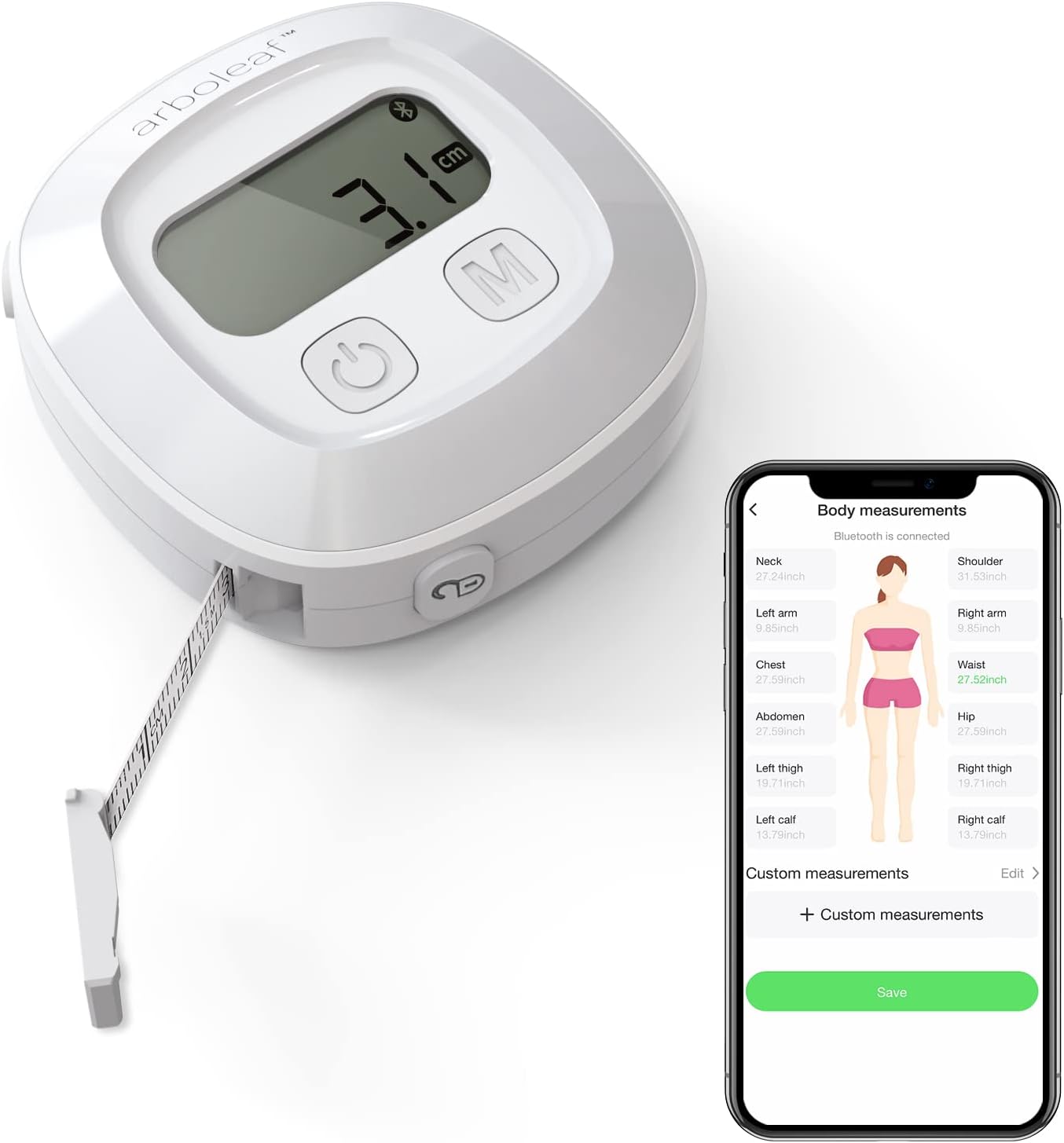 arboleaf Intelligentes Körperumfangsband mit App, Bluetooth-Maßband für Körpermessungen, Verriegelungsmechanismus, einziehbares Körpermaßband zur Gewichtsabnahme, Messung der Umfangslänge cm/Zoll