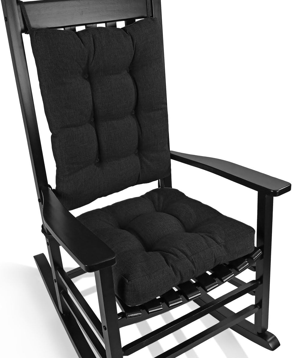BUYUE Stuhlkissen-Set für Schaukelstuhl, Rückenkissen und Sitzkissen mit Bändern, original gewebte, rutschfeste Stuhlpolster für ältere Menschen, Schwarz