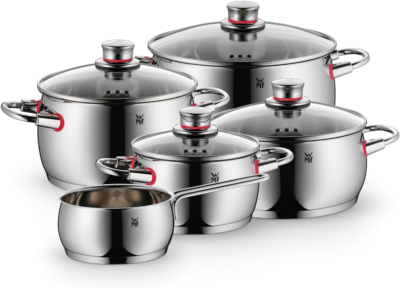 WMF Topfset 5-teilig, Qualität, ein Dampfabzug, Glasdeckel, Cromargan® Edelstahl poliert, für Induktionsherde geeignet, spülmaschinenfest