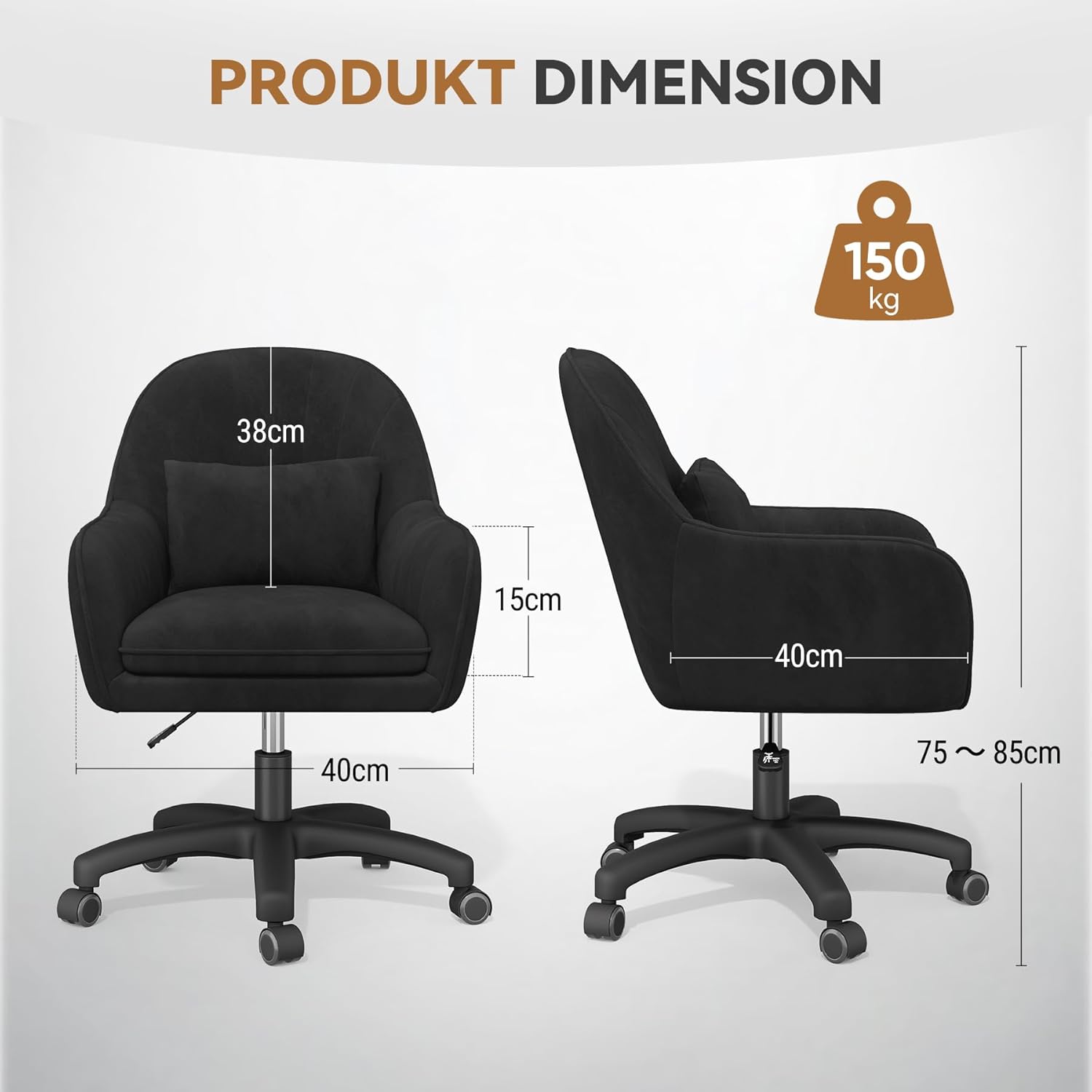 Home-Office-Stuhl, Samtstuhl mit Kissen, 360° drehbar, höhenverstellbarer Bürostuhl, ergonomisch, Schminkstuhl, Drehstuhl, für Arbeitszimmer, Schlafzimmer, maximale Belastung 120 kg, Schwarz – Bild 3