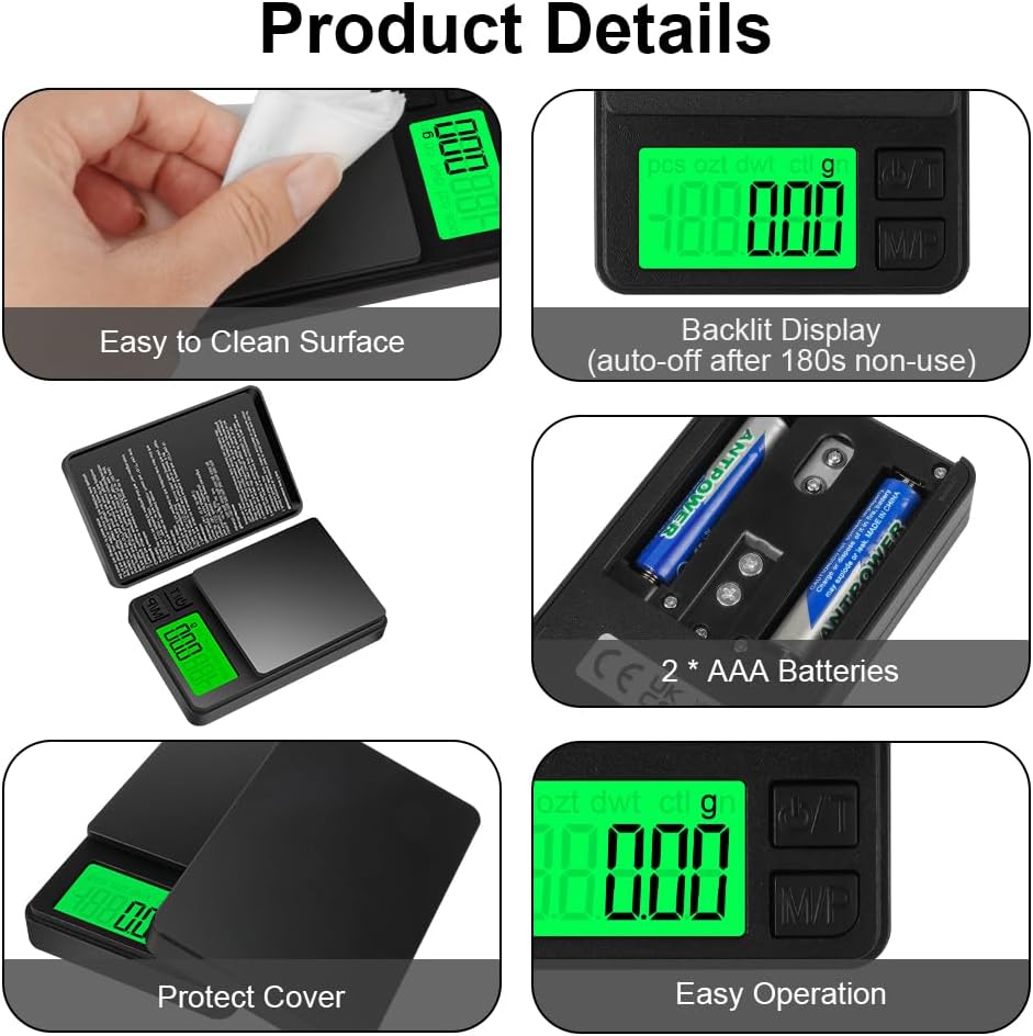 HOTUT Taschenwaage, 1000 g/0,01 g, Präzisionswaage mit LCD-Display, tragbar, kompakt, Goldwaage, Münzwaage, Schmuckwaage, Mini-Küchenwaage, multifunktionale digitale Waage, für Lebensmittel, Schmuck, Tee, Kaffee, Labor – Bild 6