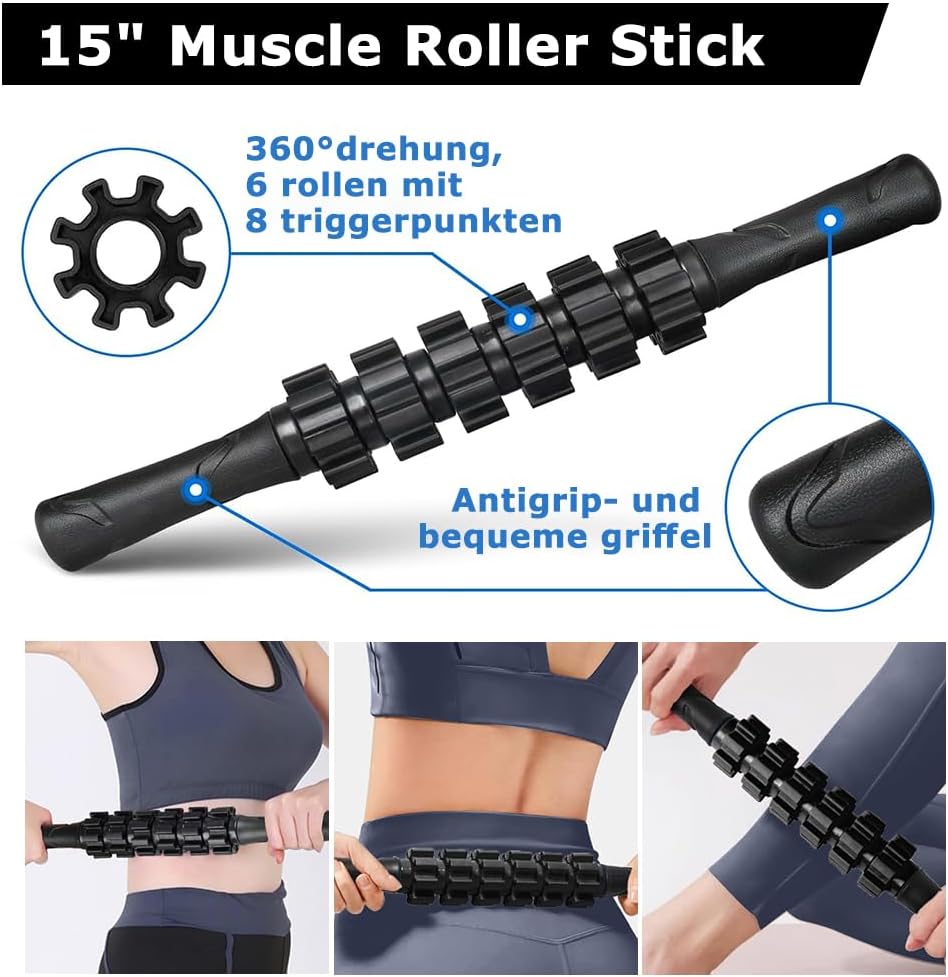 Faszienrolle, Qveetry 6-in-1 Schaumstoffrolle, Faszienrollen-Sets mit Massagerollerstange, Widerstandsbänder, Krafttraining, Massageball, Fitnessbänder, 33 cm Schaumstoffrolle für Yoga, Pilates, Sport – Bild 4