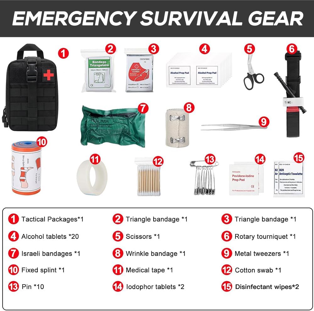 46-teiliges Erste-Hilfe-Set für den Außenbereich, Erste-Hilfe-Trauma-Set, militärische Notfall-Trauma-Überlebensausrüstung, medizinische taktische Tasche für Outdoor-Camping, Auto, Zuhause – Bild 3
