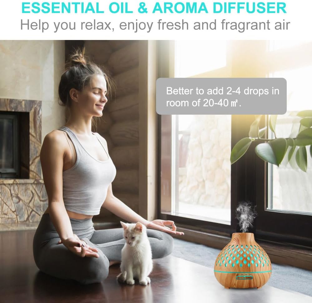 Aroma-Diffusor, 400 ml Diffusor für ätherische Öle, Aromatherapie-Öle-Diffusor mit Fernbedienung, 4 Timer, 7 Farben, Duftöl-Diffusor, Öllampe, BPA-frei, Ultraschall-Luftbefeuchter, Schlafzimmer, Büro, Spa – Bild 8