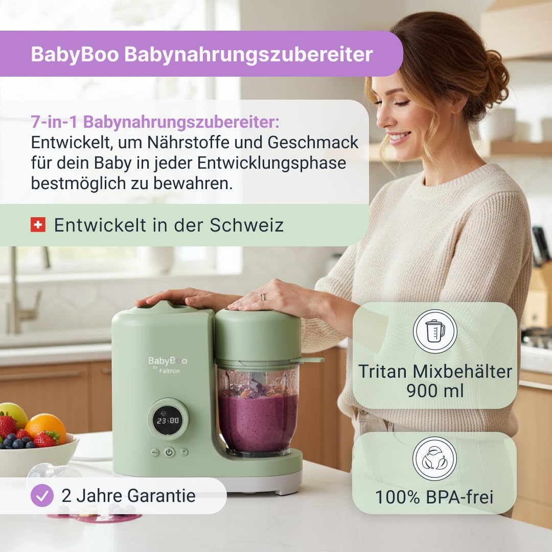 BabyBoo Babynahrungszubereiter 7-in-1, Dampfgarer & Mixer für Babynahrung, 300 W, Sterilisieren, Erhitzen & Auftauen, Edelstahlkorb, Tritan-Behälter, Digitalanzeige, Babynahrungszubereiter – Bild 3