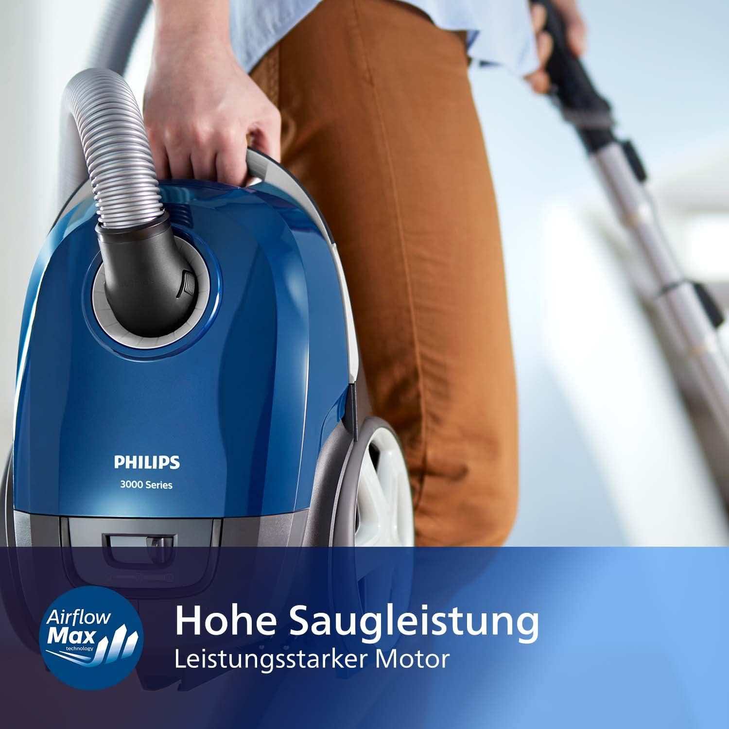 Philips Performer XD3110/09 Kompaktstaubsauger mit Beutel Serie 3000, 99,9 % Staubaufnahme, 900 W, Allergiefilter, Blau – Bild 3