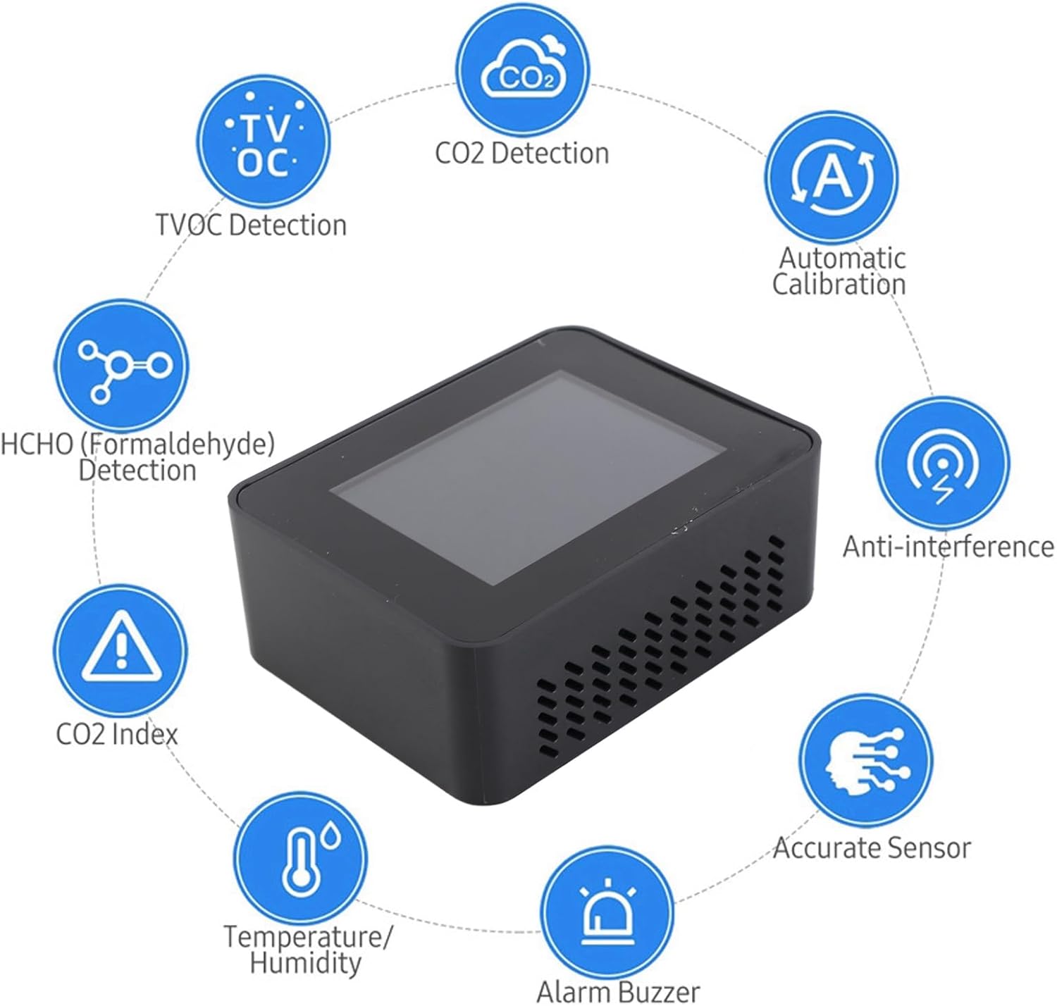 CO2-Detektor ABS CO2-Detektor, Schwarz CO2-Kohlendioxid-Detektor LCD TVOC HCHO Temperatur Luftfeuchtigkeit Luftqualitätsmonitor Messgerät Thermometer Hygrometer für Zuhause – Bild 5