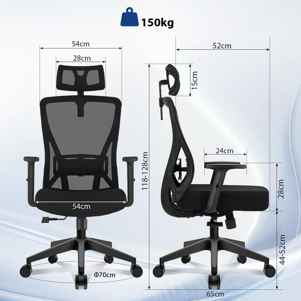 Durrafy Ergonomischer Bürostuhl mit verstellbarer Kopfstütze – Bequemer Schreibtischstuhl mit Lordosenstütze, atmungsaktiver Netzrückenlehne und Wippfunktion, Schwarz – Bild 3