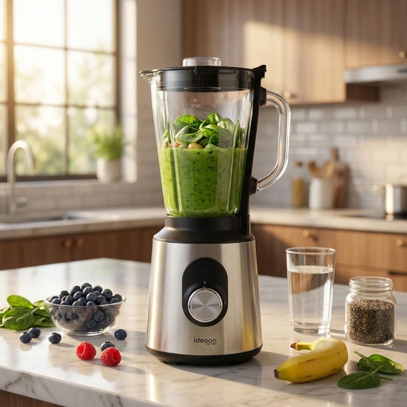 ideoon Edelstahl-Power-Standmixer mit 1,5-l-Glasbehälter, Küchenmixer, 1000 W für Shakes, Smoothies, Saucen oder Zerkleinern von Obst und Gemüse – Bild 5