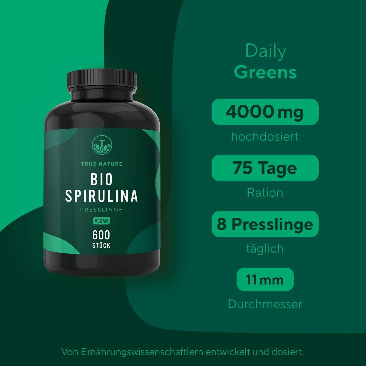 True Nature® Premium Bio-Spirulina-Pellets (500 mg x 600 Stück) – 100 % reine Bio-Spirulina-Algen – vegan, mehrfach im Labor getestet und hergestellt in Deutschland – Bild 4