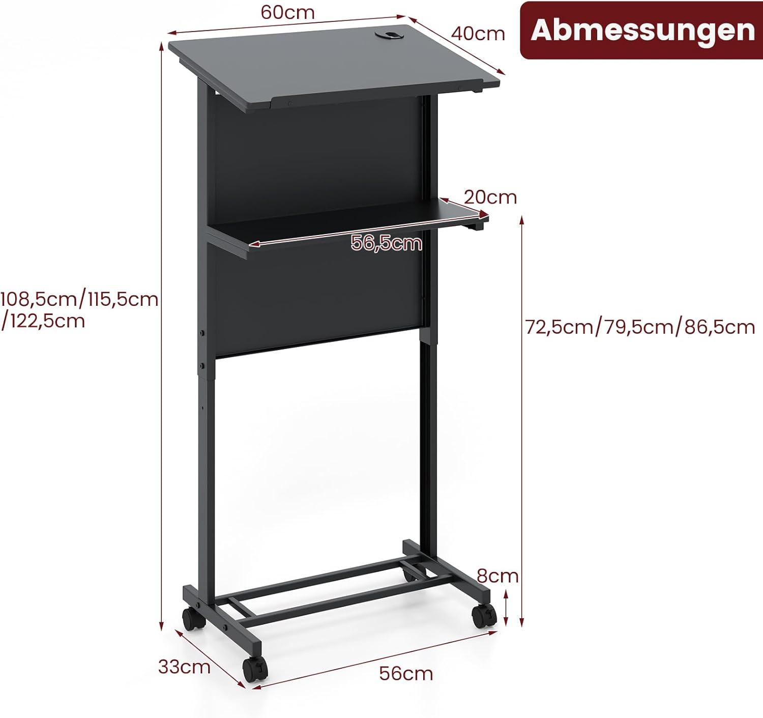 COSTWAY Stehschreibtisch, höhenverstellbar, Stehsitzschreibtisch mit Rollen, mobiler Stehschreibtisch mit geneigter Tischplatte & Ablage, Laptoptisch für Zuhause & Büro, Schwarz – Bild 3