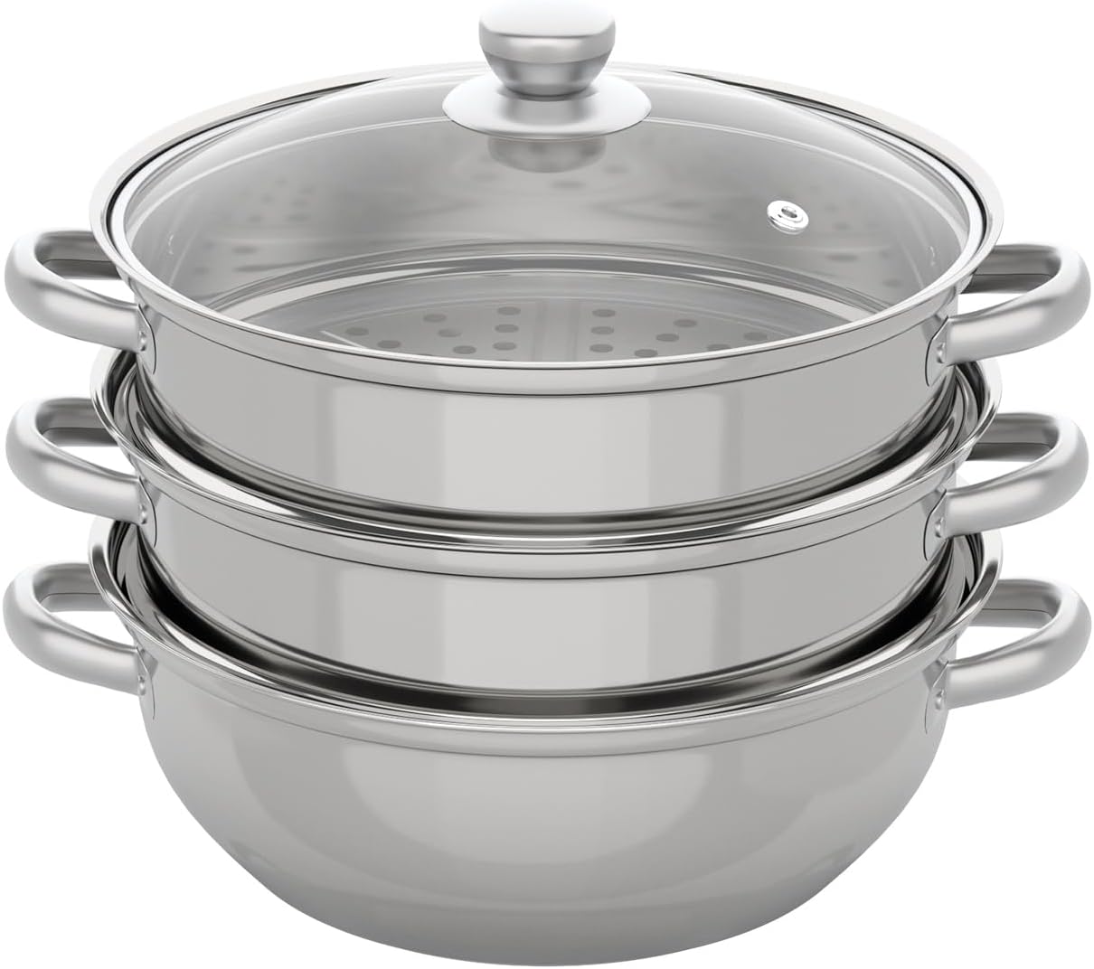 Dampfgarer aus Edelstahl mit 3 Etagen, 32,5 x A 25 cm, silberner Dampfgarer, Dampfgarer, Kochtopf, Suppentopf, verdickter, dreischichtiger Dampfgarer mit Glasdeckel für Gas-, Induktions- und Halogenherde