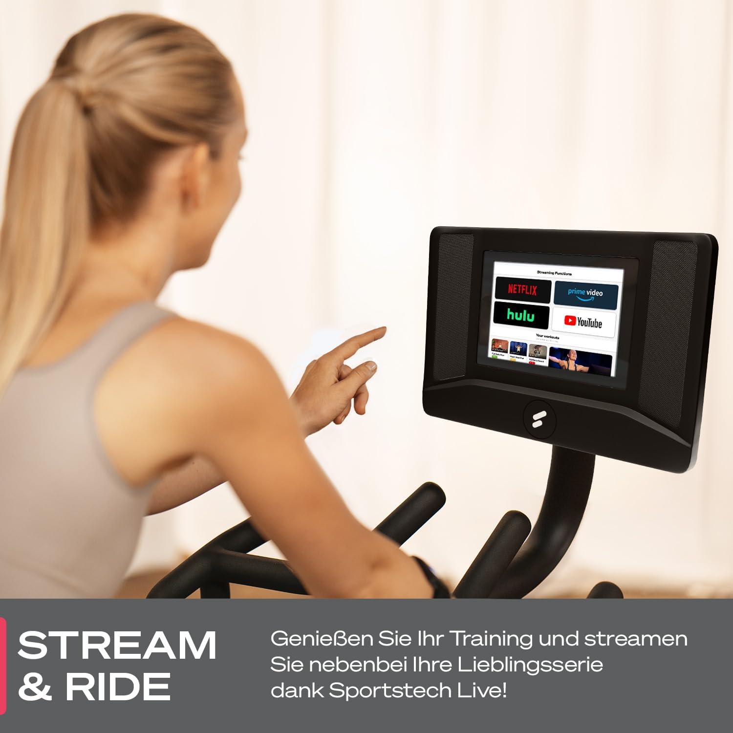 Sportstech Heimtrainer + 10,1" Touch Display - Deutsche Qualitätsmarke - APP mit Live Workouts & Kursen Fitnessbike mit patentierter LED Technologie, Ergometer, sBike – Bild 4