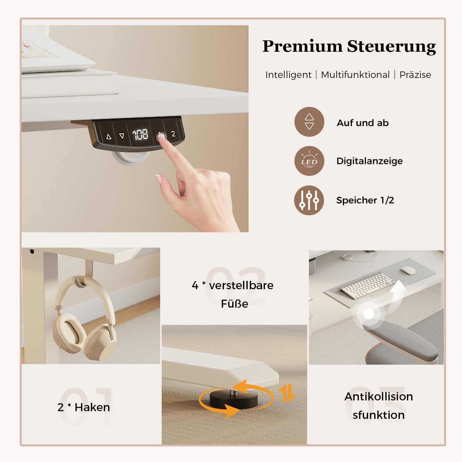 Klicelor Höhenverstellbarer Schreibtisch mit Doppelschubladen, elektrisch höhenverstellbarer Schreibtisch, Sitz-Steh-Computertisch, ergonomischer Stehschreibtisch, 100 x 60 cm, weiß – Bild 6