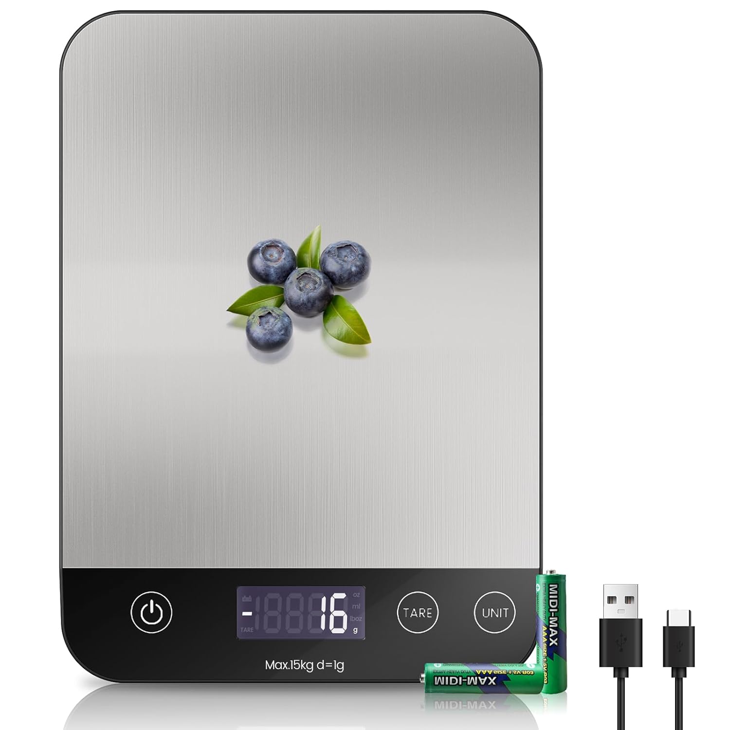 Wiederaufladbare digitale Küchenwaage, USB C elektronische Küchenwaage, 15 kg, hochpräzise 1 g/0,1 oz Lebensmittelwaage, professionell mit harter Funktion, Batterien im Lieferumfang enthalten (A)