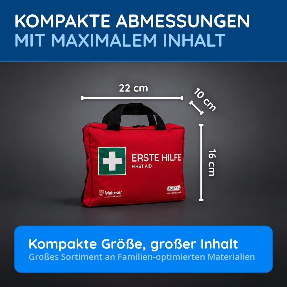 FLEXEO Erste-Hilfe-Set „Familie“ | 130-teilige Tragetasche | für Familien und Zuhause | inkl. Brandgel, Wundnahtstreifen und Augenspülung | Ideal als Hausapotheke, Vorsorge, für Haushalt mit Kindern – Bild 5