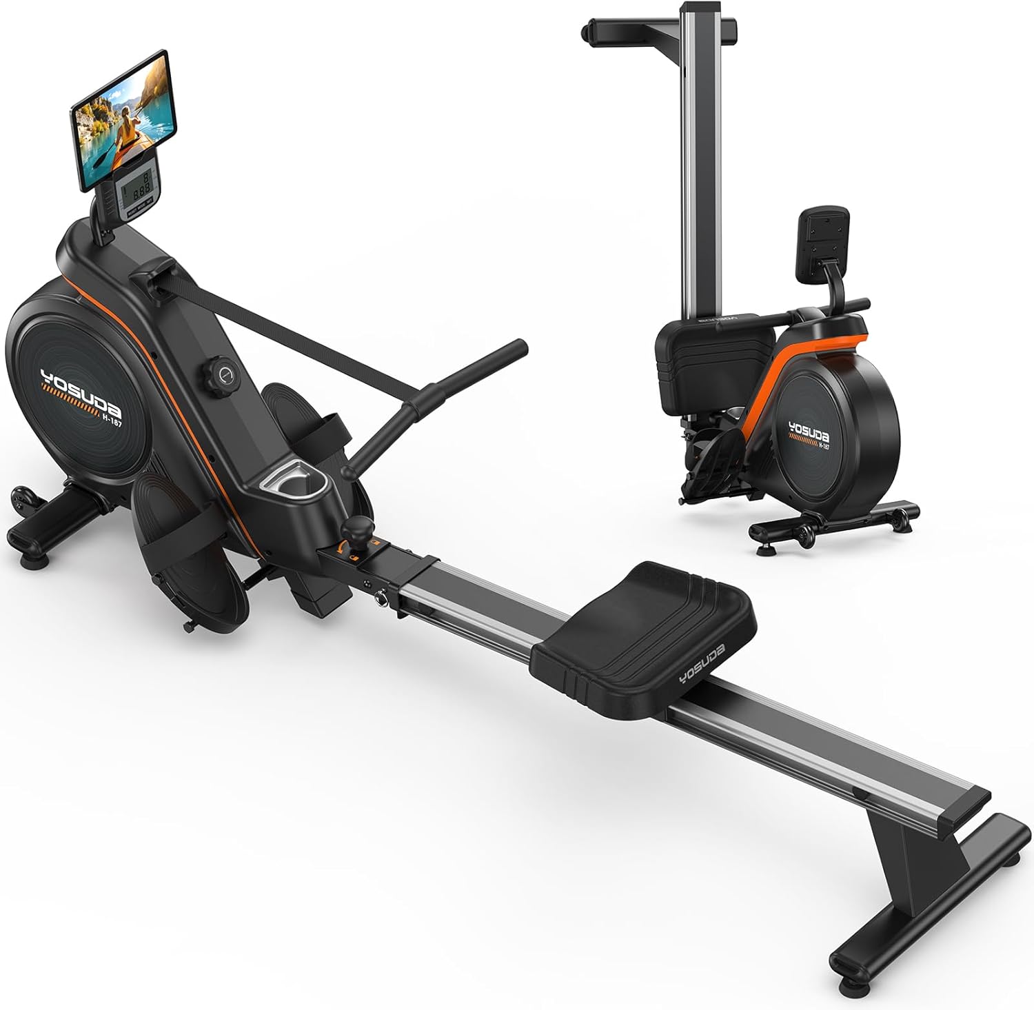 YOSUDA Upgrade Rudergerät für zu Hause, 16 dynamische Widerstände, für große bis zu 181 kg, ultraleiser Magnet, Komfortsitz, Bluetooth/App, Aluminiumschiene, Flaschenhalter, 90 % vormontiert, Rudergerät