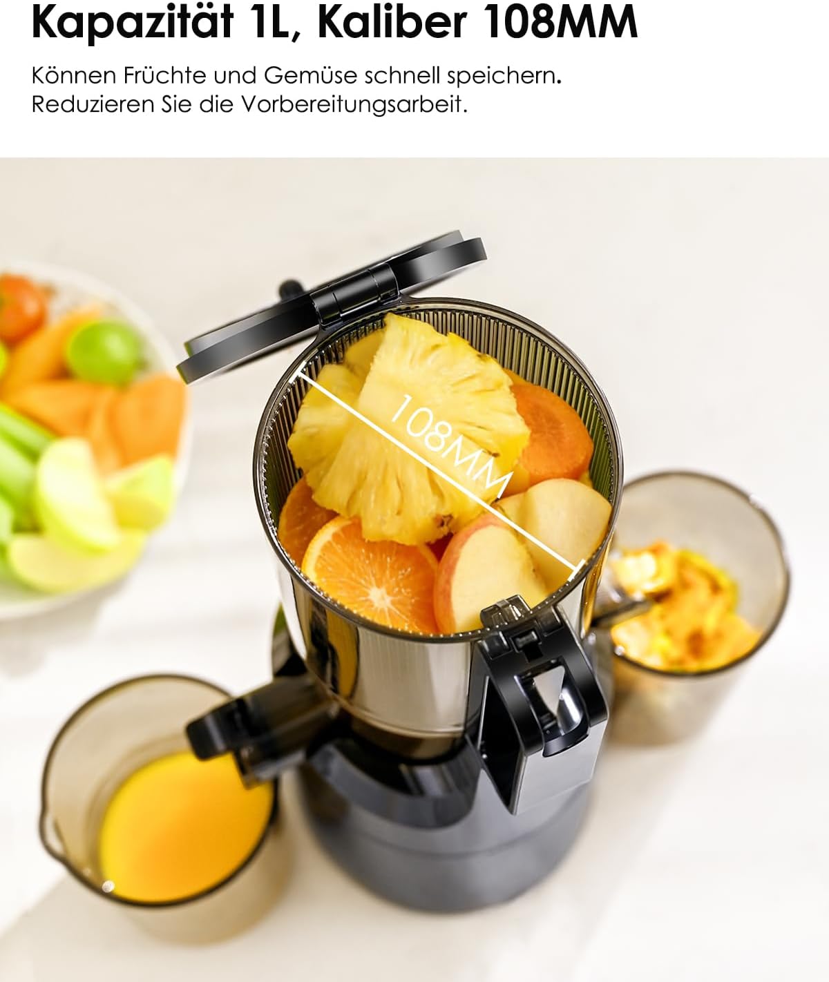 Fretta Entsafter, Slow Juicer mit 108 mm Breite und größerem Einfüllrohr, Füllvolumen für ganzes Gemüse und Obst, BPA-freier Entsafter aus Tritan-Material, einfache Installation, 200 W – Bild 2