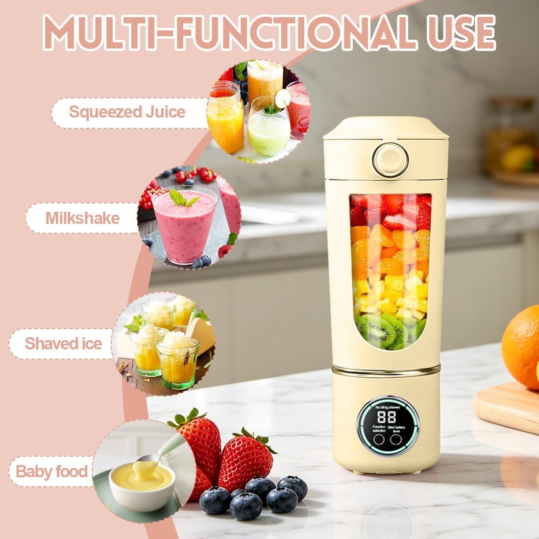 Tragbarer Mixer, Mini-Standmixer, kleiner Entsafter, Smoothie-Maker mit Silikon-Strohhalm, USB-Ladegerät Smoothie Maker, 400ml KleinerMixer mit 12 Edelstahlklingen, für Zuhause/Küche (Beige) – Bild 5