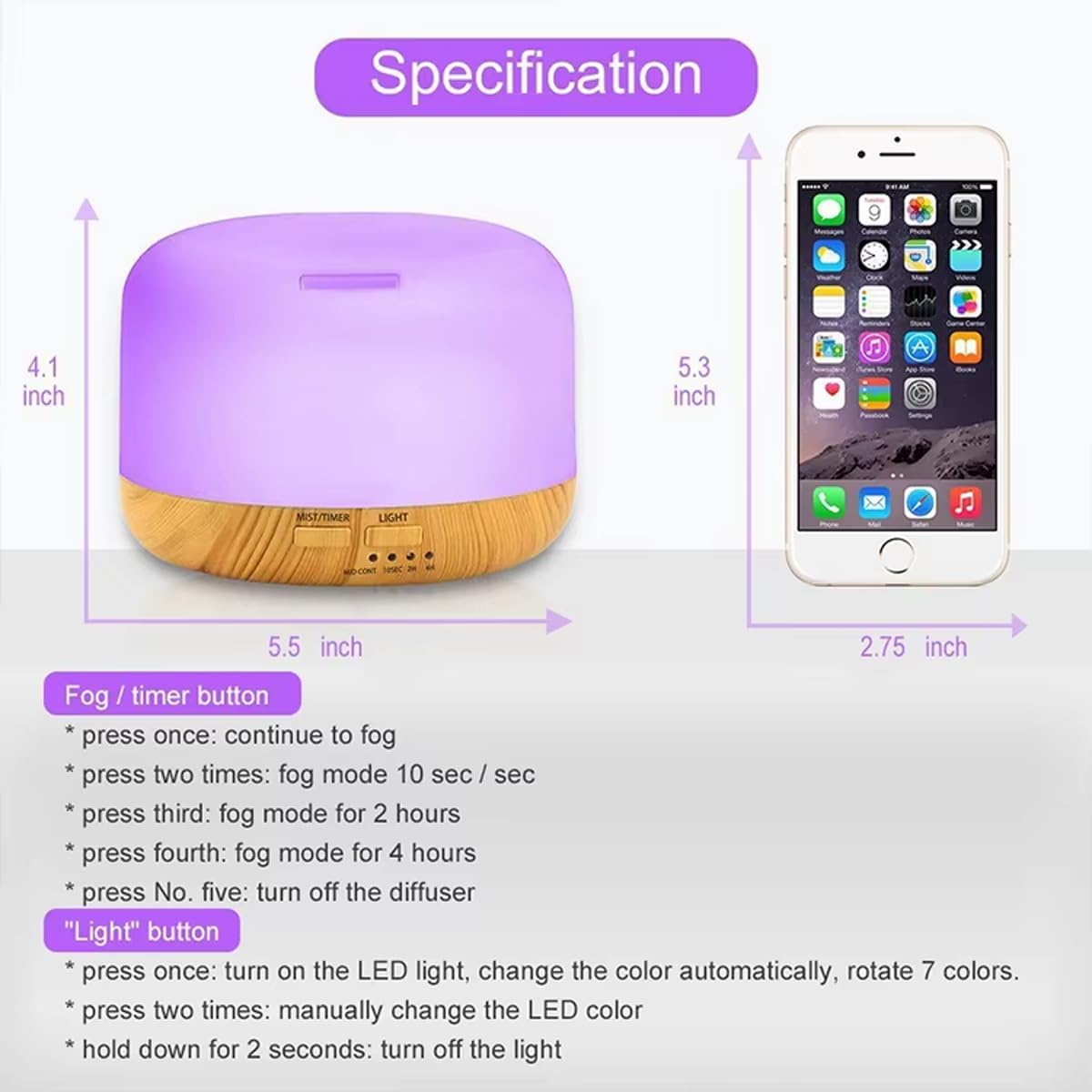 300 ml Diffusor für ätherische Öle, Lichter für Zuhause, Yoga, Büro, Spa, Schlafzimmer, Ultraschall-Luftbefeuchter, Aromatherapie-Diffusor mit 7 Farben LED-Aromatherapie, LED-Luftbefeuchter, Luftbefeuchter für ätherische Öle – Bild 4