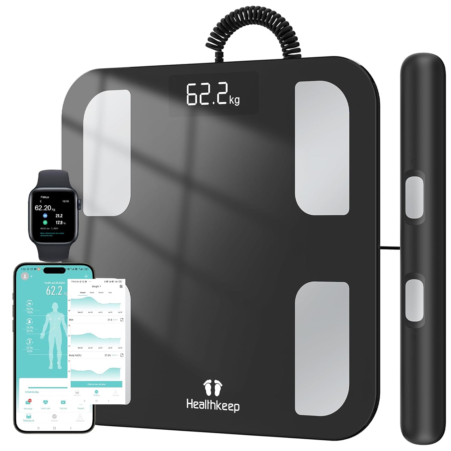 Intelligente digitale Bluetooth-Körperfettwaage mit 8 Elektroden, Ganzkörperanalyse mit App und Handsensoren, analysiert 18 Körperdatenindikatoren, BMI, Gewicht, Muskelmasse