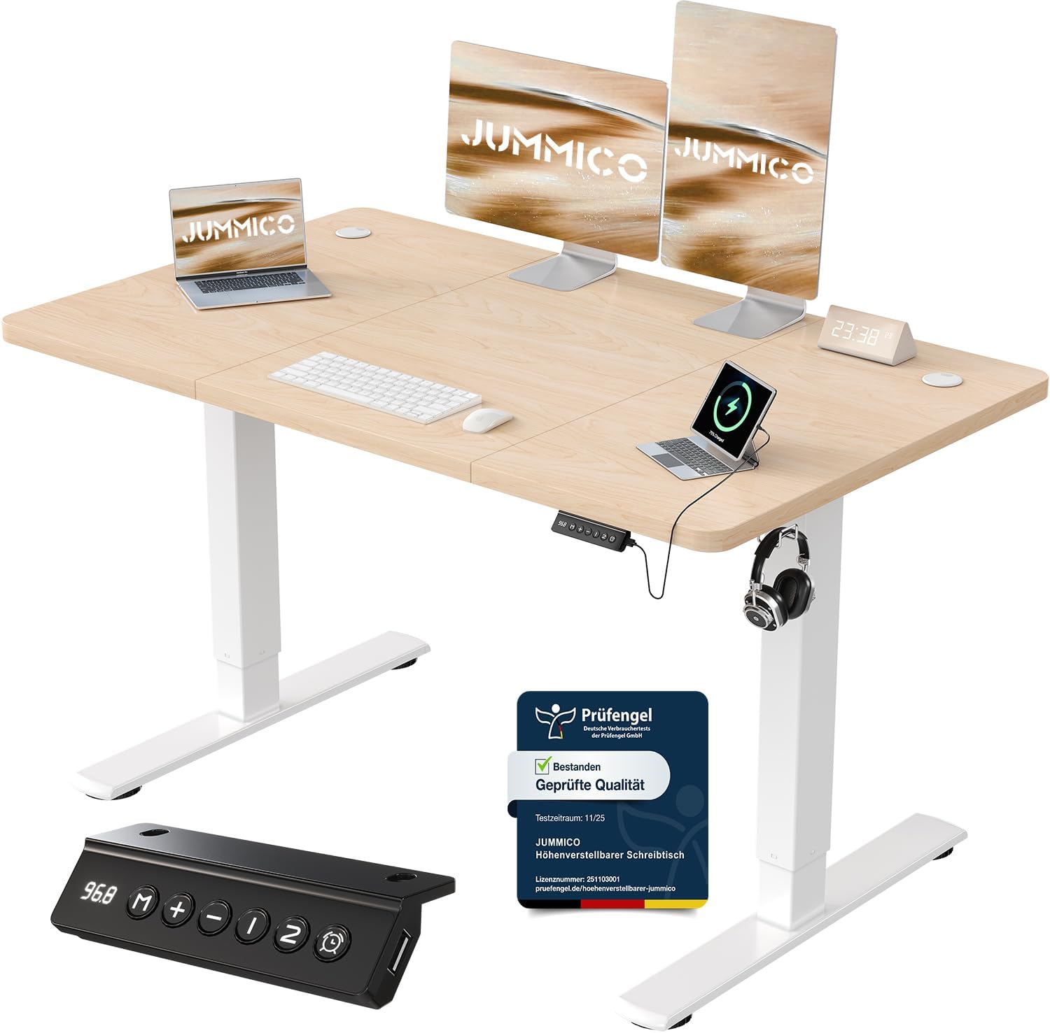 JUMMICO Höhenverstellbarer Schreibtisch mit USB-Ladeanschluss, 120 x 60 cm, elektrischer Schreibtisch, Stehsitz, Tisch, verstellbarer Computertisch, Beige