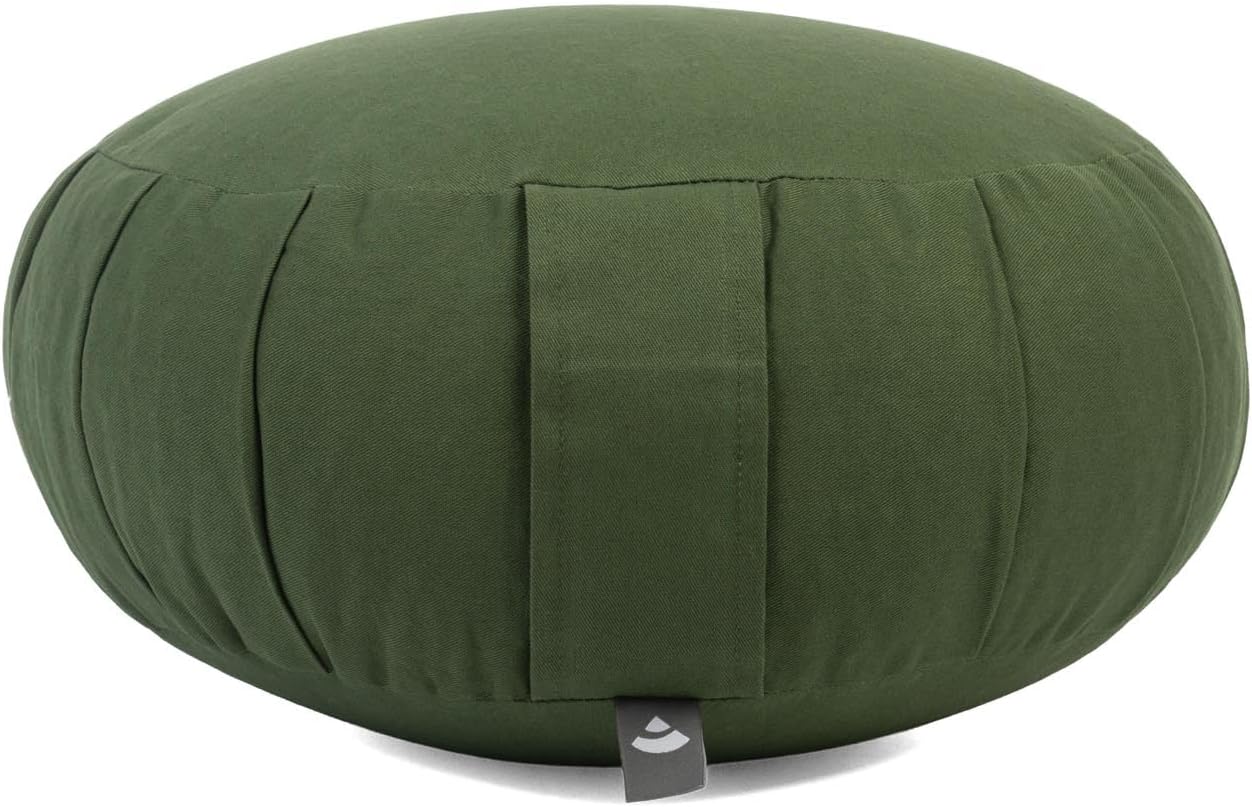 Bodhi Zafu Eco Meditationskissen, klassisches traditionelles Yogakissen rund mit Dehnfalten, Bezug aus 100 % Bio-Baumwolle, hohes Yoga-Sitzkissen mit Bio-Dinkelfüllung, Sitzhöhe 19 cm