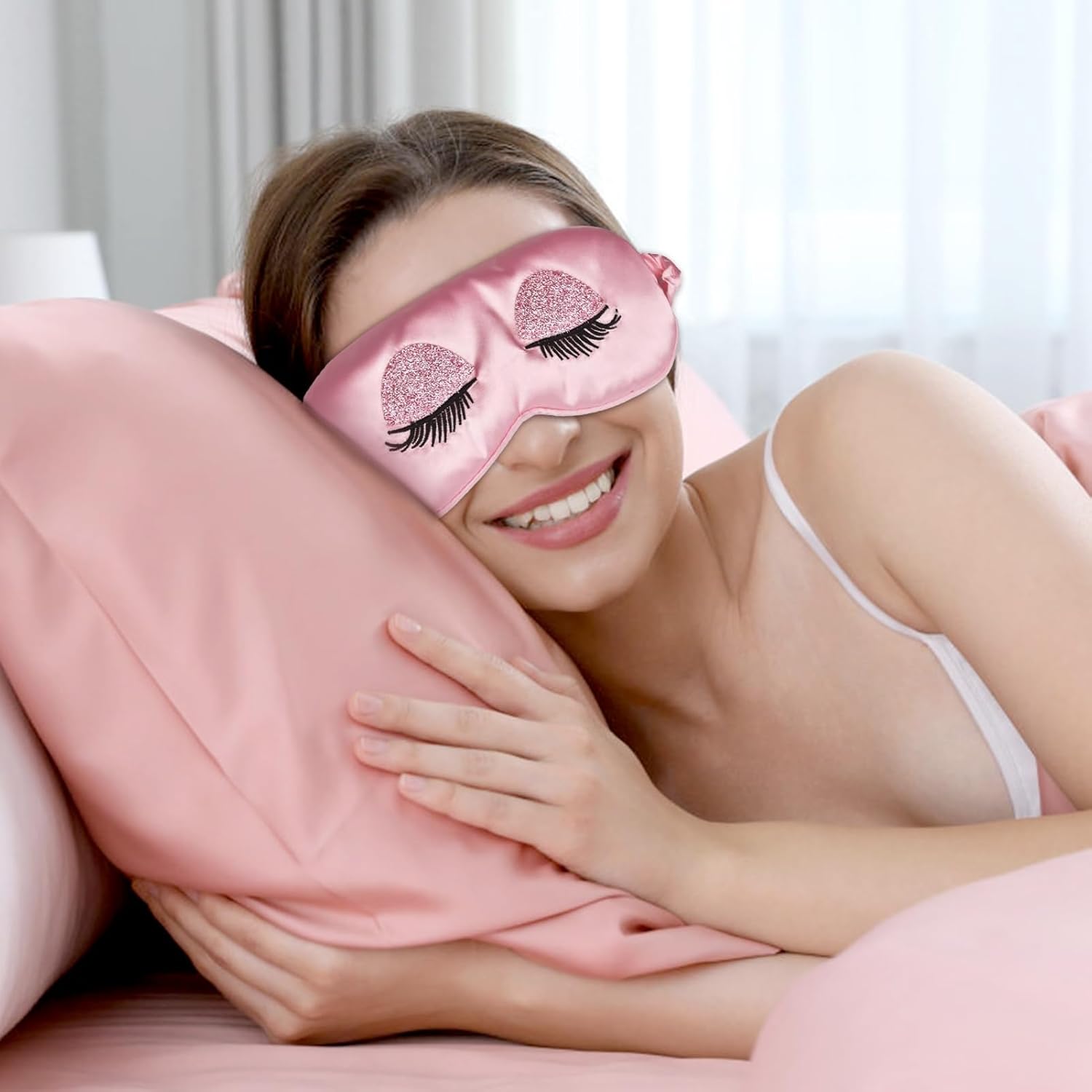 Seiden-Schlafmaske, weiche Satin-Schlafmasken, Augenmaske, verstellbare Seide, atmungsaktive Reise-Augenbinde, hautfreundlich, ultraweiche Verdunkelungs-Schlafmaske für Mädchen, Frauen, Damen, Pink – Bild 5