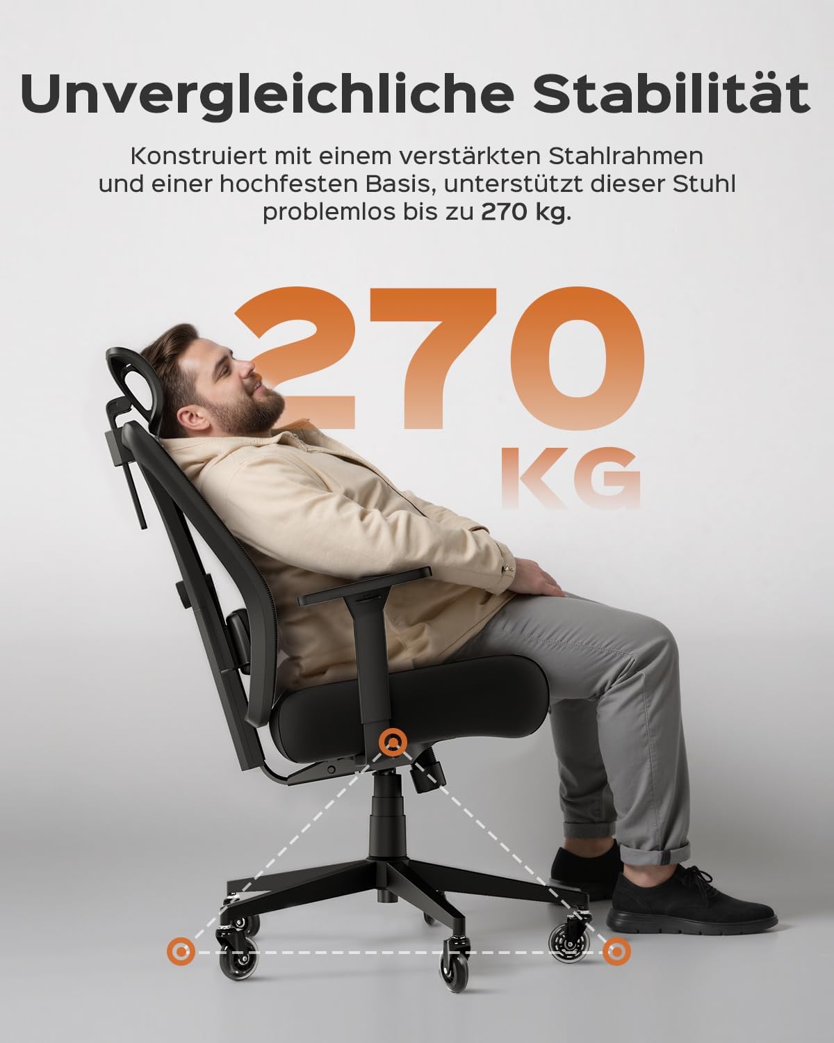 Dowinx Bürostuhl 270 kg, ergonomischer Schreibtischstuhl mit dicker Sitzpolsterung, verstellbare Lordosenstütze, höhenverstellbare Rückenlehne, 3D-Armlehnen, Metallfuß, Schwarz – Bild 2