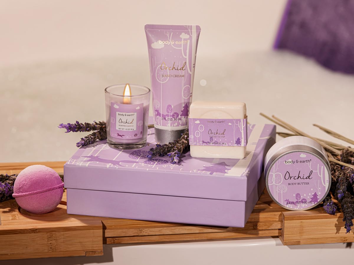 BODY & EARTH Geschenke für Frauen – 5-teiliges Orchideenduft-Geburtstagsgeschenk mit Duftkerze, Körperbutter, Handcreme, Badebombe, Geschenkbox, Wellness-Set für Freundin, Mama, Muttertagsgeschenk – Bild 2