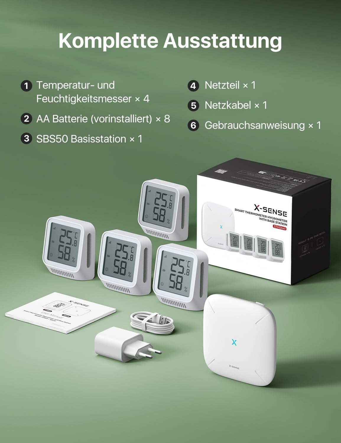 X-Sense WLAN Hygrometer Innenthermometer mit LCD-Display, Temperatur- und Luftfeuchtigkeitsüberwachung per App, Smiley-Anzeige, kompatibel mit Alexa, 4 Sensoren und Basisstation SBS50, STH0A41 – Bild 9