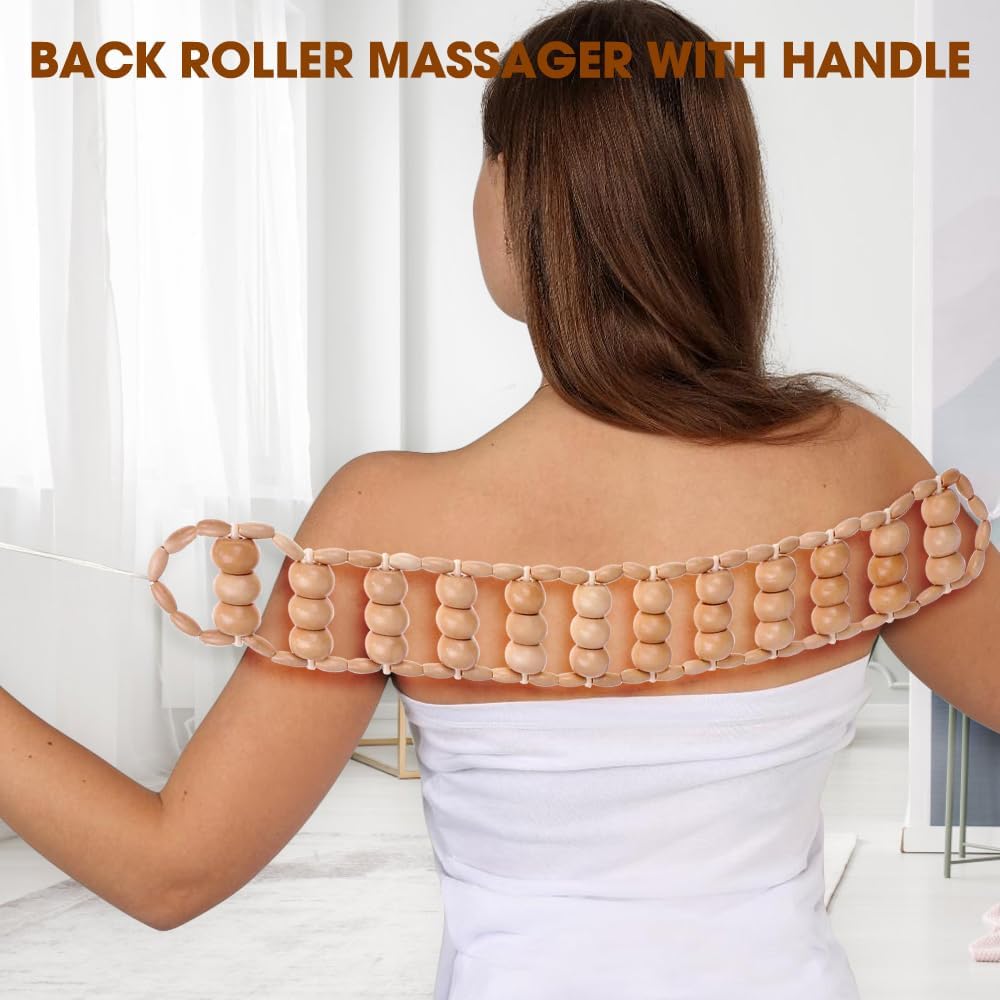 mizikuu Massageroller Rücken mit Griff, Holzmassagegerät, Anti-Cellulite-Rückenmassagegerät, Maderotherapie-Faszienrolle mit Griff, Massagerolle für Nacken, Beine, Rücken – Bild 3