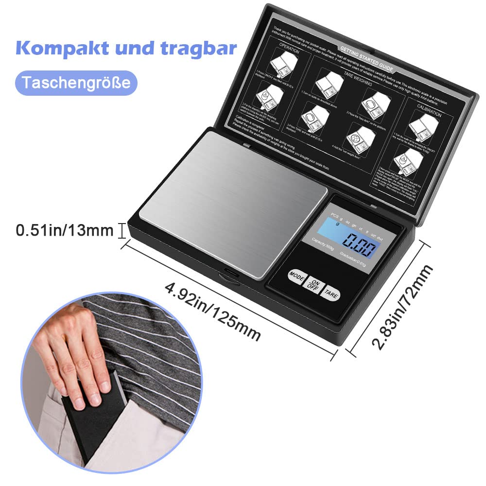 Diyife Taschenwaage 500 g / 0,01 g (Neue Plattform), Präzisions-Mini-Küchenwaage, Digitalwaage, Goldwaage, Münzwaage, LCD-Display, Multifunktion für Küche, Schmuck, Tee, Hefe, Kaffee – Bild 6