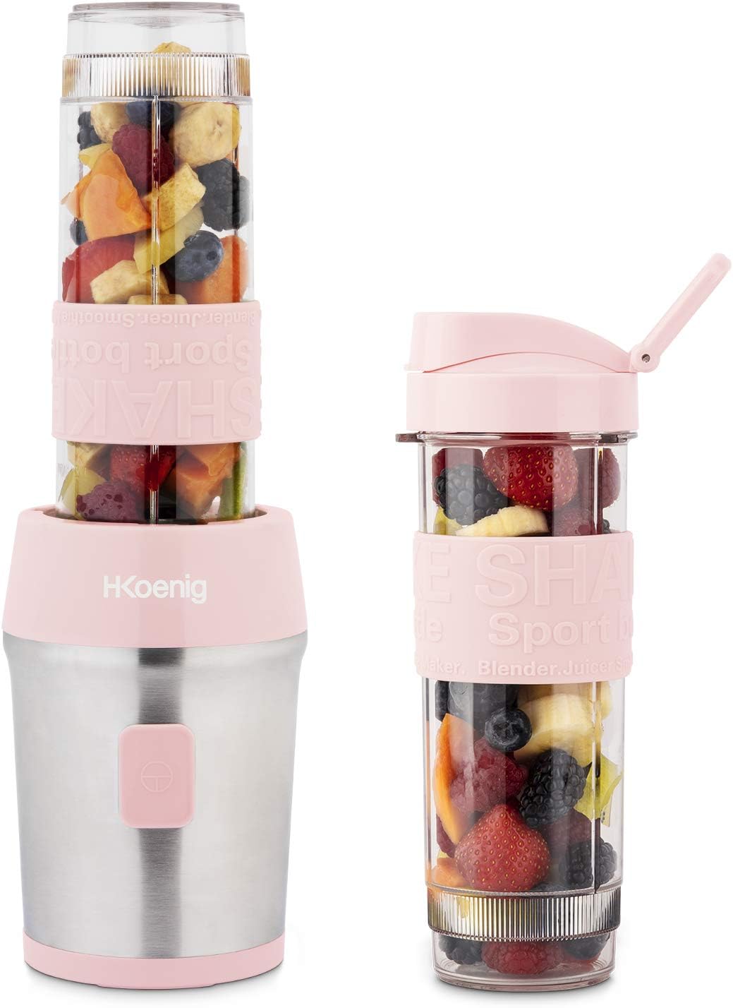 H.Koenig Mini Smoothie Maker Standmixer, Mixer elektrisch, tragbar, kompakt, 570 ml, SMOO12, BPA-frei, leistungsstark 300 W, Smoothie-Mixer 2 tragbare Flaschen, Edelstahlklingen, Pastellrosa