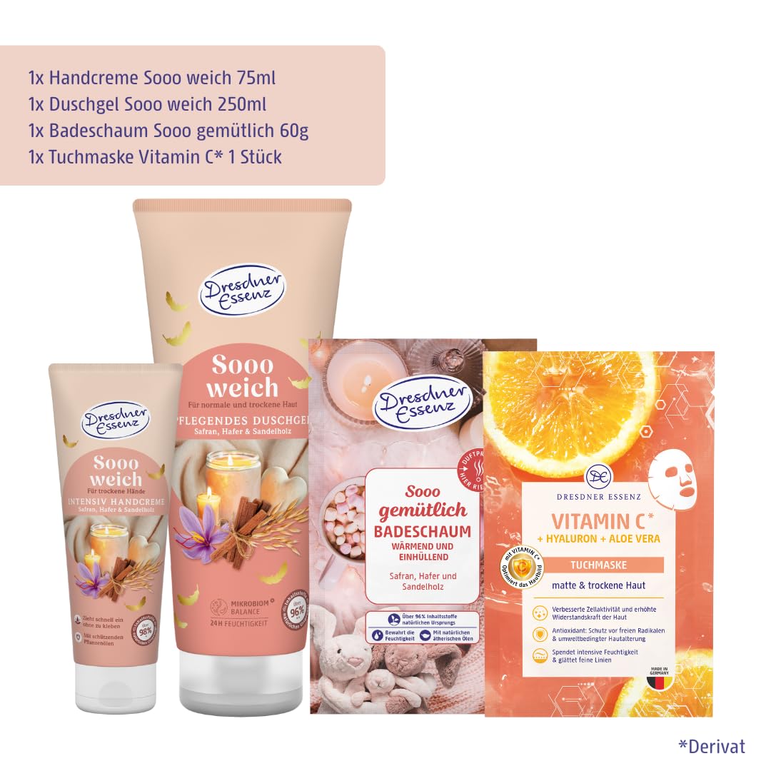Dresdner Essenz Sooo Cozy Geschenkset – Duschgel, Badeschaum, Handcreme & Tuchmaske – Pflegend & Vegan – Wellness-Set für Damen & Herren – Nachhaltige Verpackung – 4-teilig – Bild 3